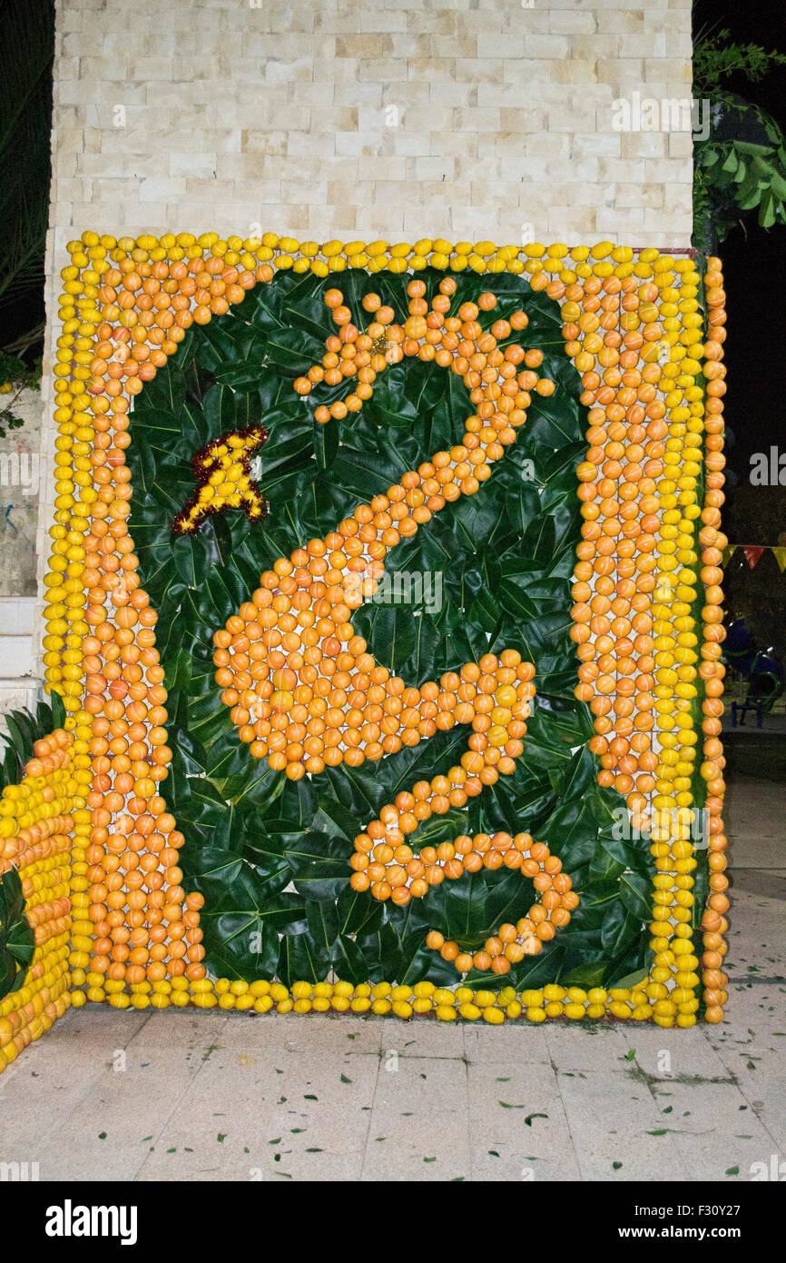 La forme d'un dragon dans un festival fait d'oranges, mandarines et citrons. Banque D'Images