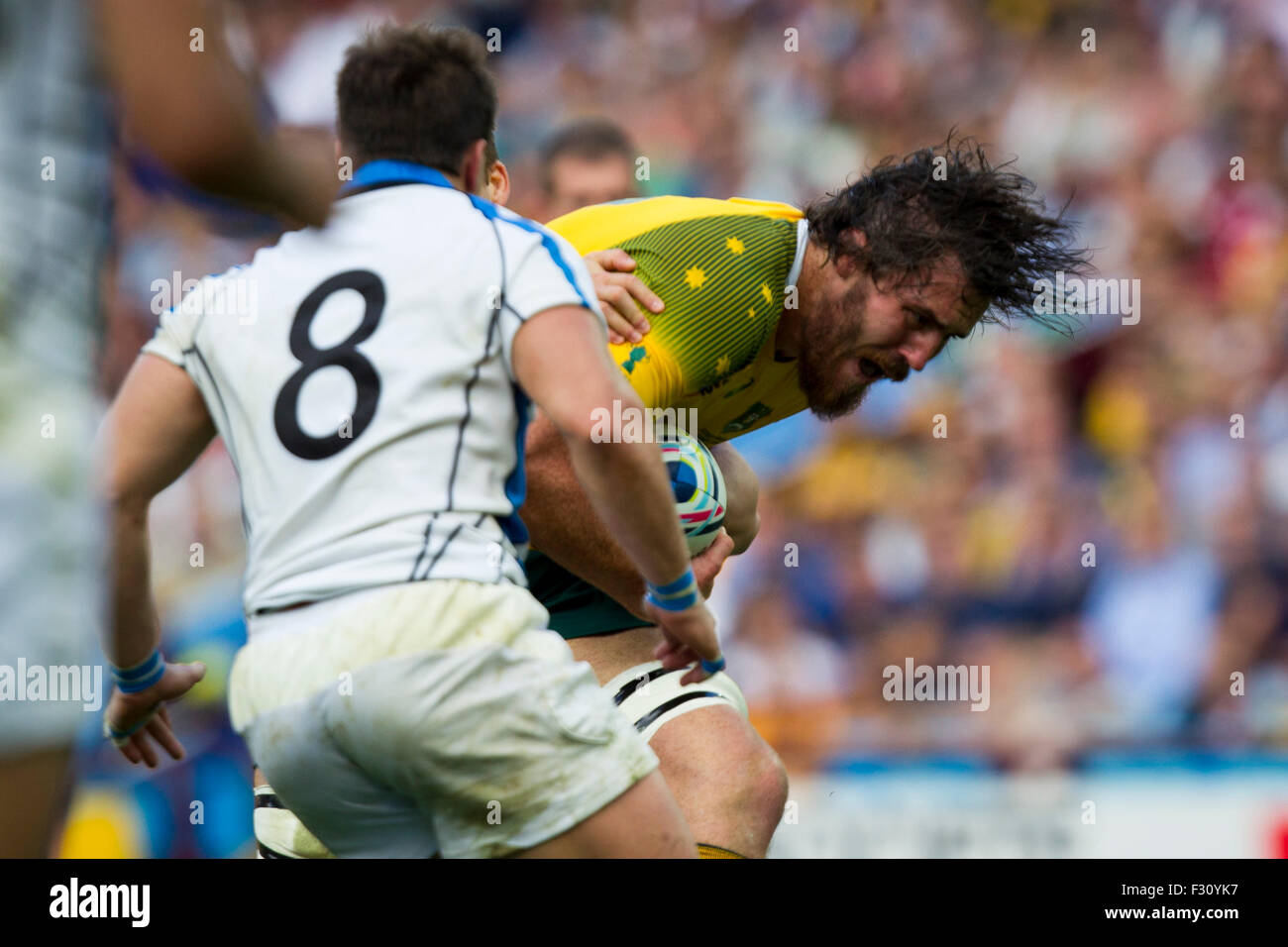 Birmingham, UK. 27 Sep, 2015. Coupe du Monde de Rugby. L'Australie contre l'Uruguay. Kane Douglas de l'Australie tente de briser le contact. Credit : Action Plus Sport/Alamy Live News Banque D'Images Birmingham, UK. 27 Sep, 2015. Coupe du Monde de Rugby. L'Australie contre l'Uruguay. Kane Douglas de l'Australie tente de briser le contact. Credit : Action Plus Sport/Alamy Live News Banque D'Images
