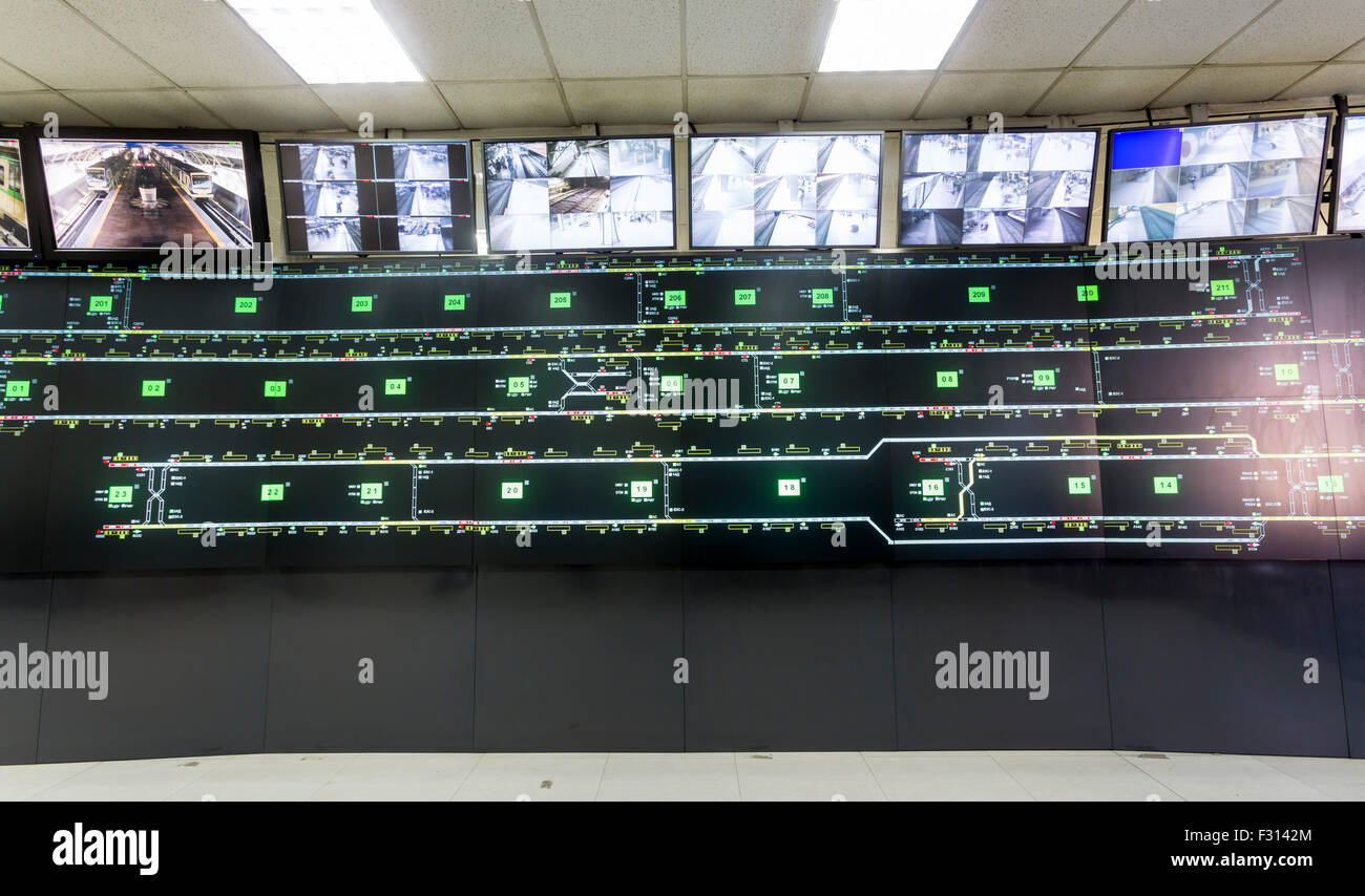 Salle de contrôle pour les métros de Sofia, Bulgarie. Les cartes de trafic et la surveillance vidéo système de surveillance. Banque D'Images