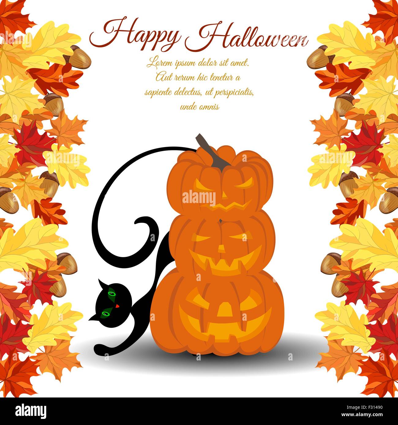 Message D Halloween Invitation Carte Design Elegant A Partir De Feuilles De Chene Et D Erable Et De Citrouille Chassis Pyramide Avec Chat Noir Derriere Elle Sur Fond Blanc Vector Illustration Image Vectorielle Stock