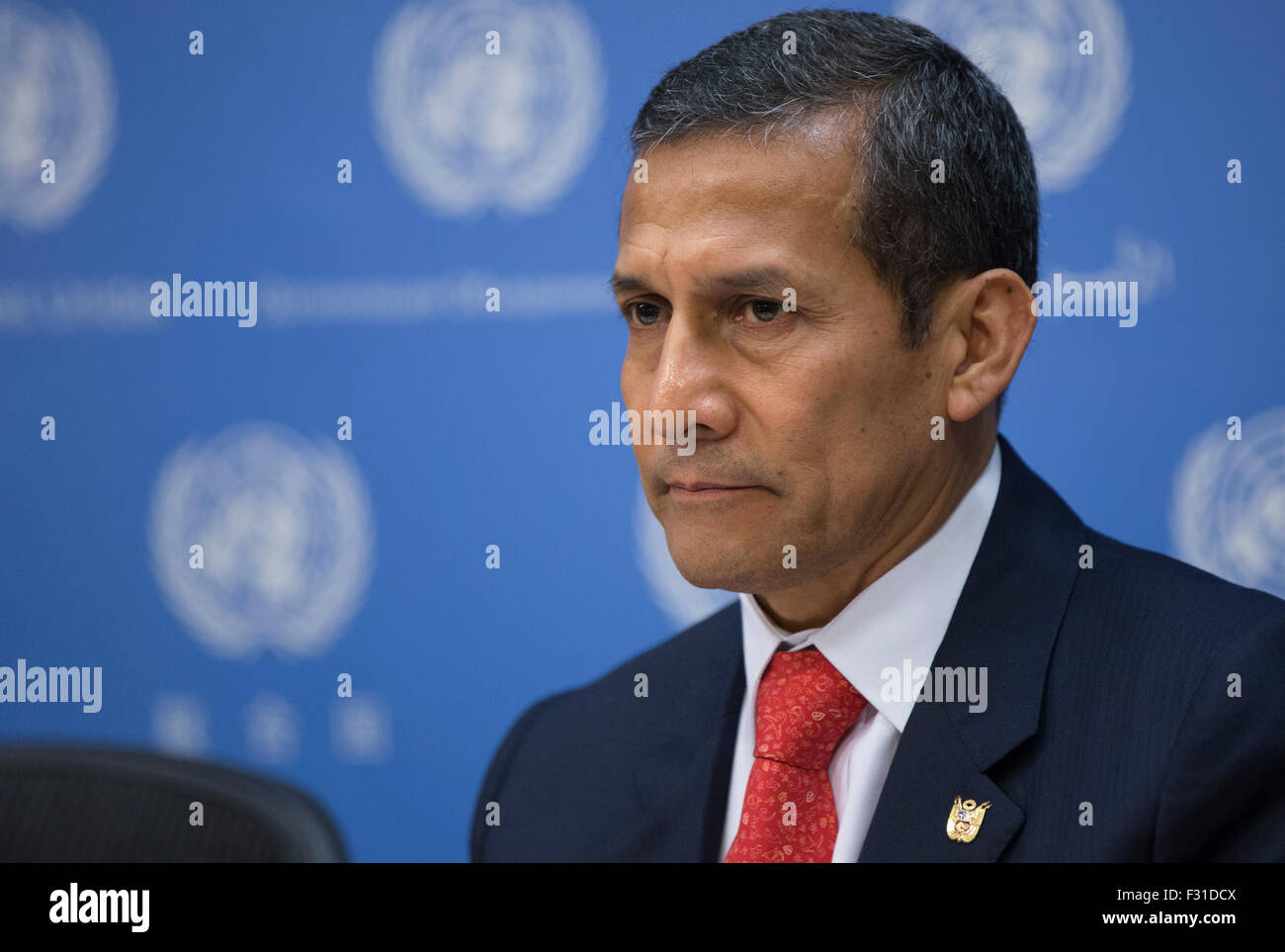 New York City, United States. 27 Sep, 2015. Ollanta Humala Tasso du Pérou au cours d'un point de presse sur les changements climatiques au Siège des Nations Unies à New York. Credit : Luiz Rampelotto/Pacific Press/Alamy Live News Banque D'Images