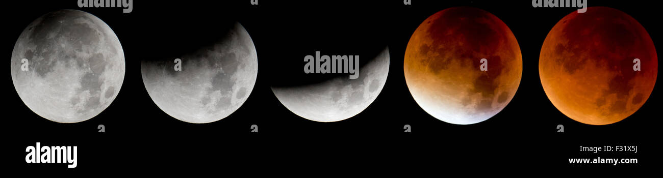 Munich, Allemagne. 28 Sep, 2015. Combo COMBO - Une photo montre les différentes étapes de l'éclipse lunaire (L - R) de la pleine lune périgée, ou supermoon à Munich, Allemagne, 28 septembre 2015. La combinaison d'une supermoon et éclipse lunaire totale dernière est survenu en 1982 et ne se reproduira plus jusqu'en 2033. Photo : Sven Hoppe/dpa/Alamy Live News Banque D'Images