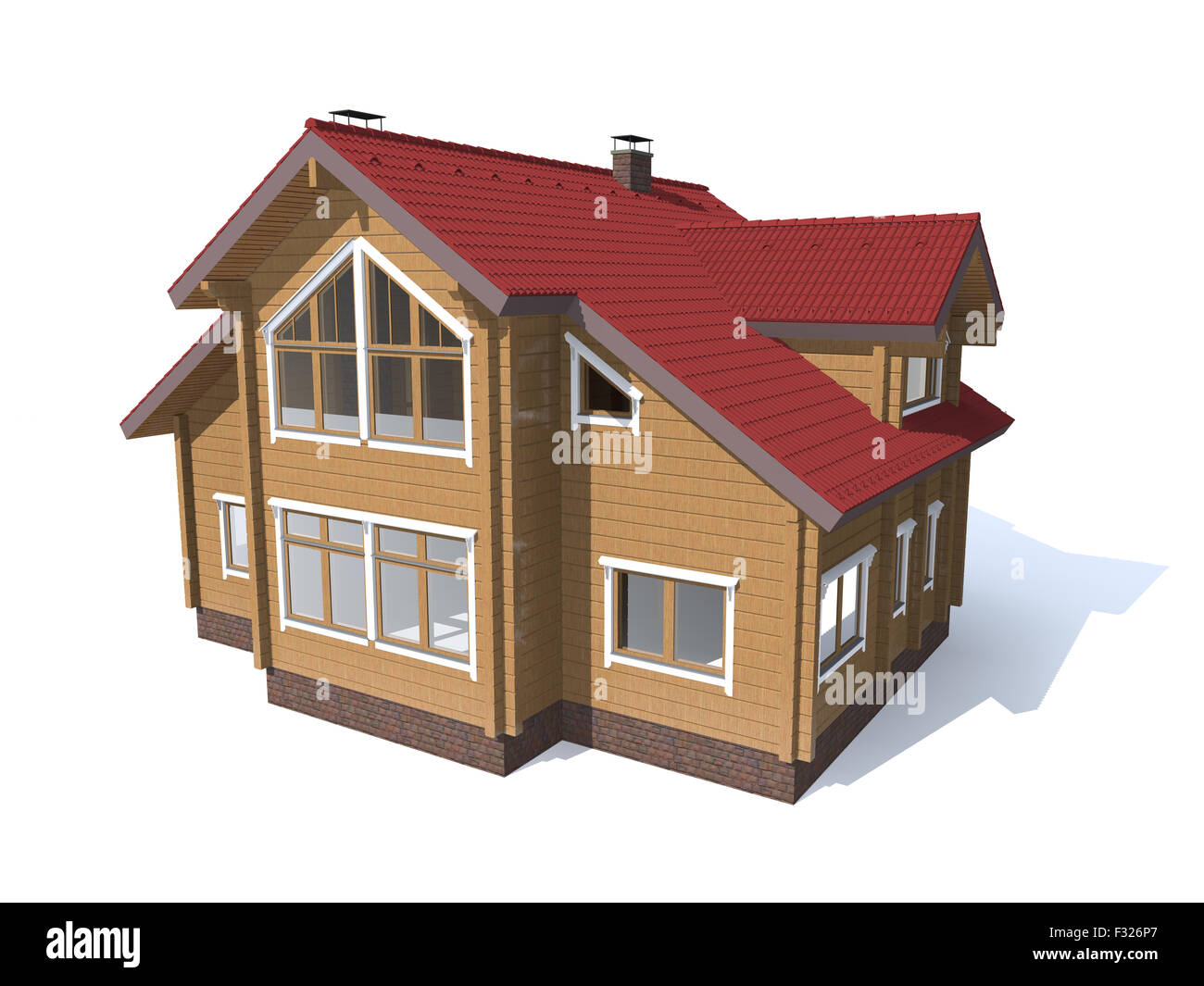 Modèle d'architecture de rendu 3D toit rouge maison bois isolé dans White Banque D'Images