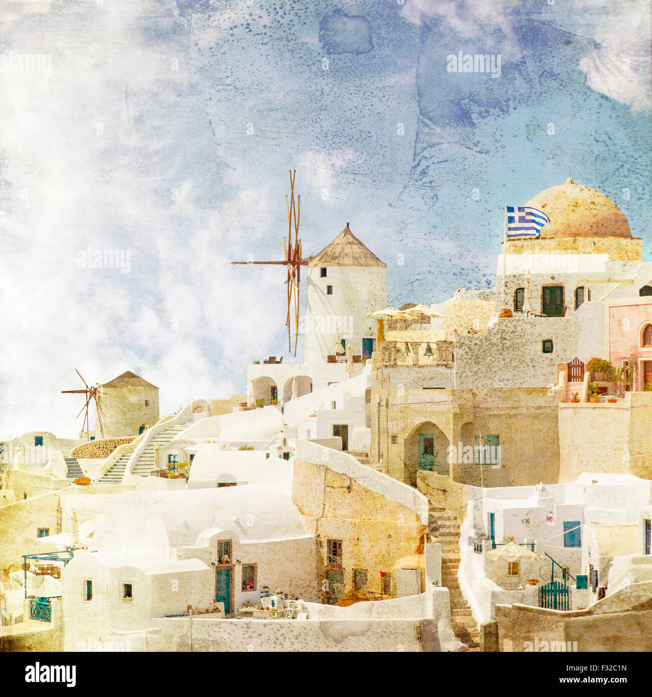 Image de les célèbres moulins à vent à Oia. Santorin, Grèce. Vinatge stylé. Banque D'Images