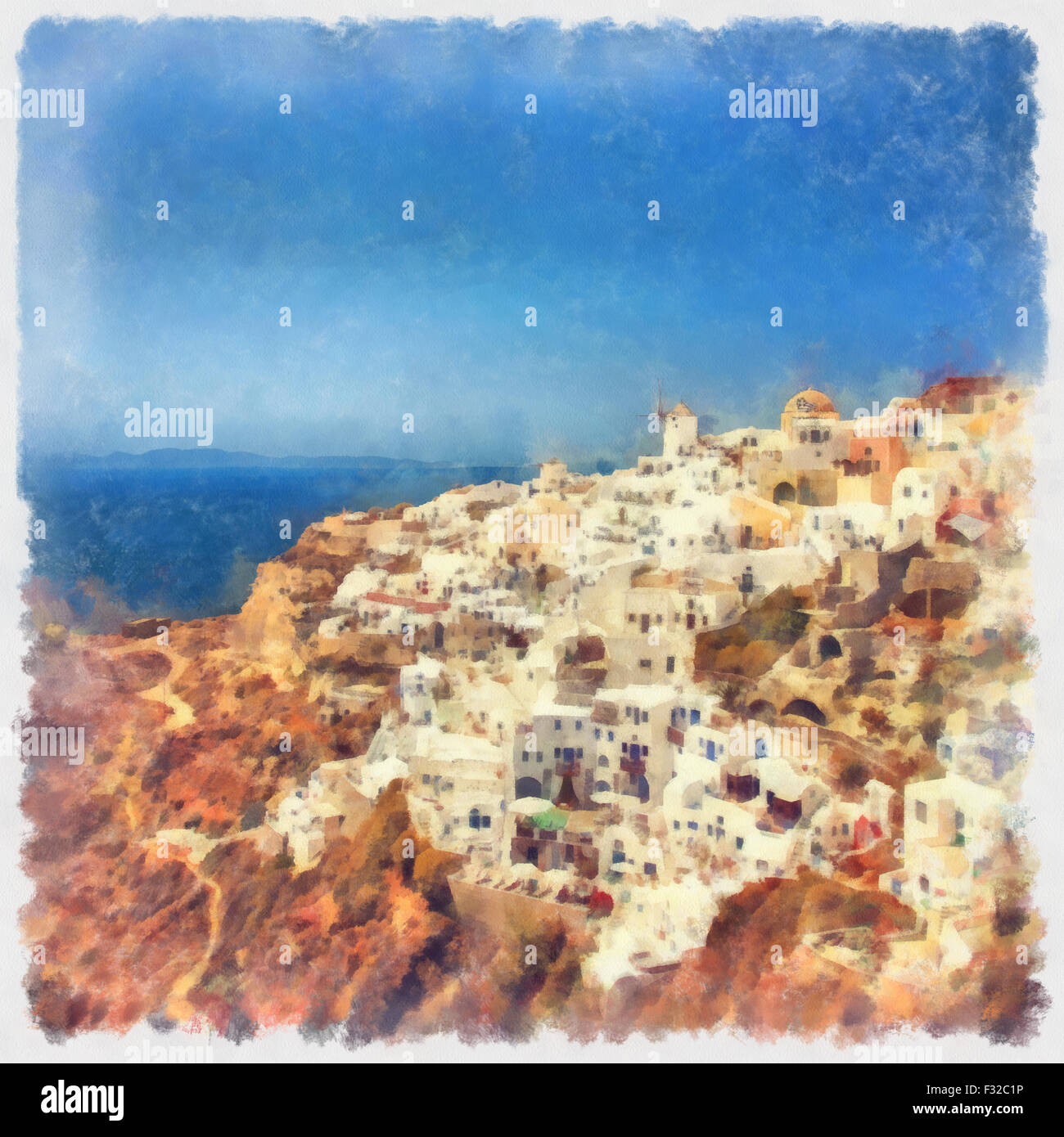 Aquarelle numérique du village d''Oia. Santorin, Grèce. Banque D'Images