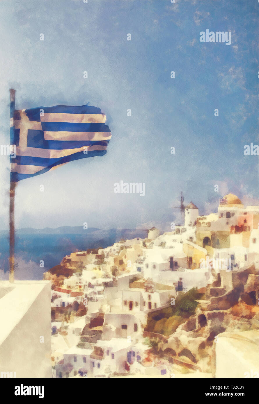 Aquarelle numérique du village d'Oia à Santorin. Banque D'Images