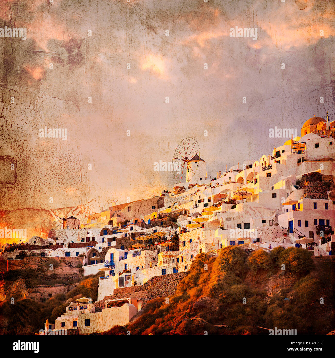 Image de la falaise, village de Oia, Santorin. Vintage style papier. Banque D'Images