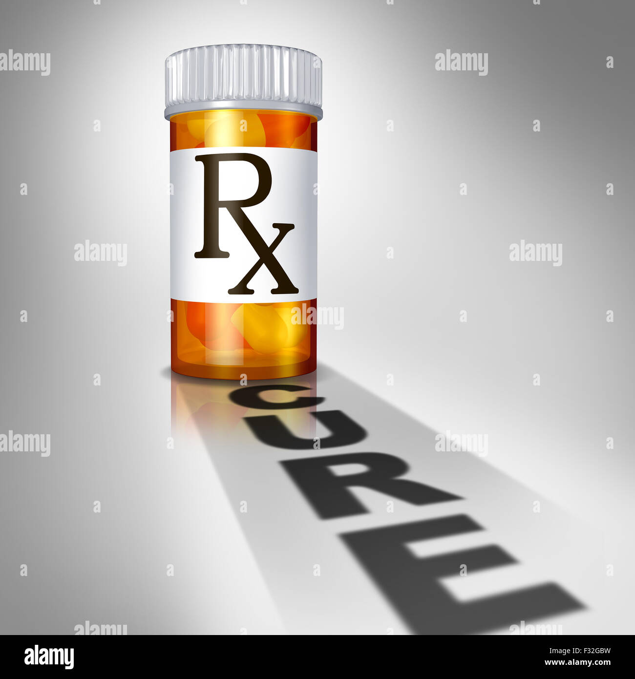 Cure de médicaments pharmaceutiques et des soins de santé recours concept comme un médicament d'bouteille de pilules avec un plâtre Ombre du texte comme un symbole de réussite de la thérapie de la médecine. Banque D'Images