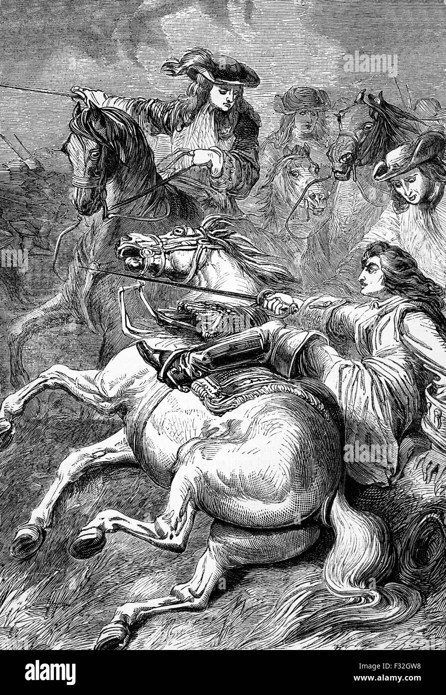 Scène au cours de la bataille de Malplaquet, ont combattu le 11 septembre 1709 près de Mons, dans la province de Hainaut. Il a été l'une des principales batailles de la guerre de Succession d'Espagne, qui a vu une alliance de la monarchie des Habsbourg, de la Grande-Bretagne, des provinces et du royaume de Prusse luttant contre les Bourbons de France et d'Espagne. Banque D'Images