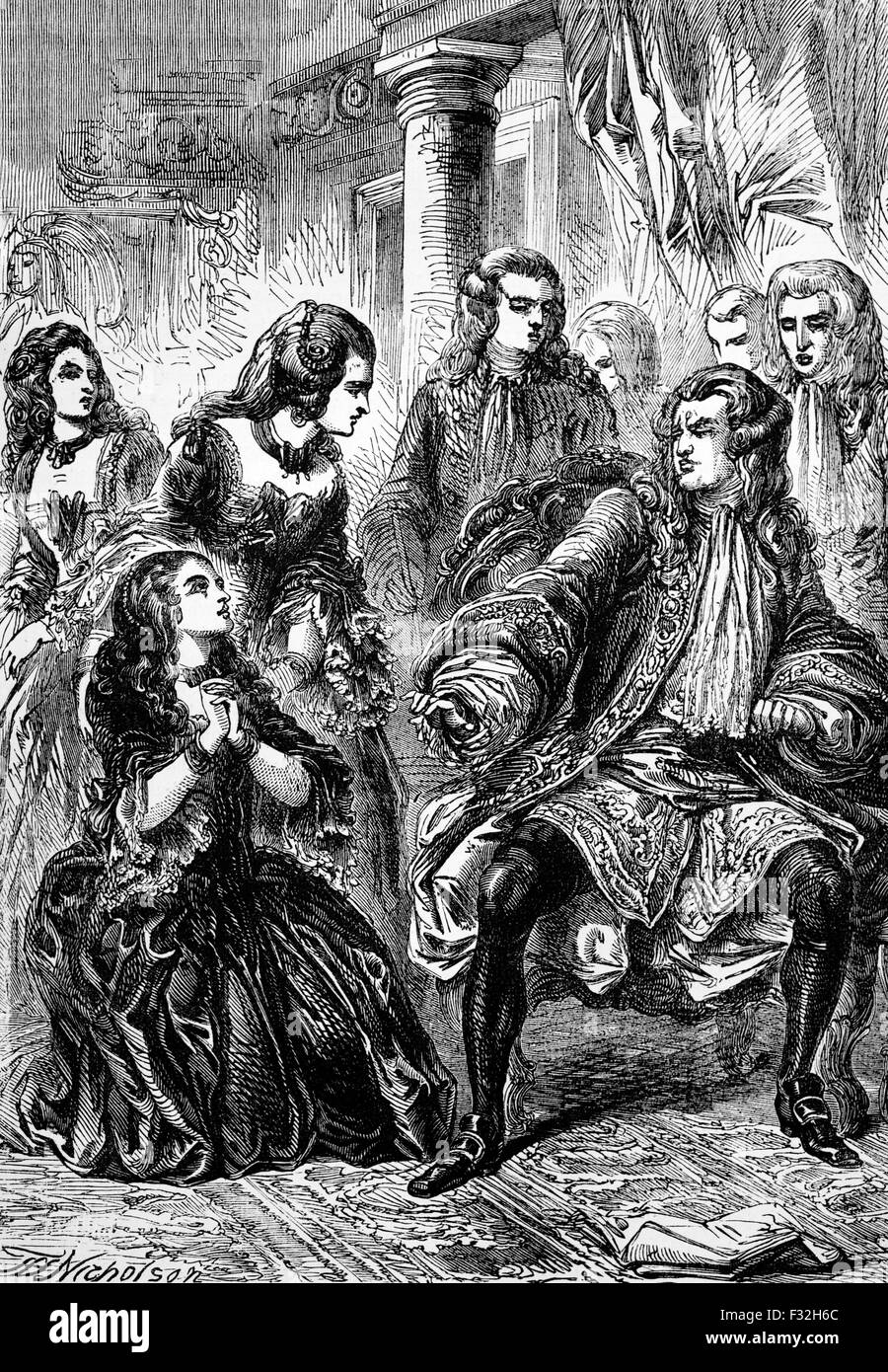 La Comtesse plaide avec le roi George I pour la vie de son mari James Radclyffe, 3e comte de Derwentwater, un Anglais, exécuté pour trahison Jacobite, l'année suivante. Banque D'Images