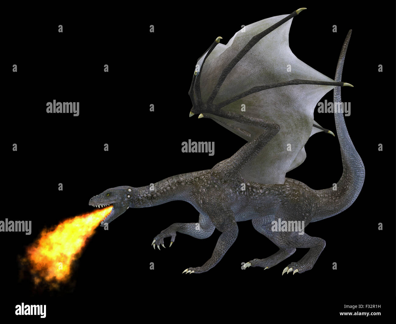 Un dragon féroce avec d'énormes griffes et dents respire le feu comme une arme alors qu'il augmente avec l'étendue des ailes. Banque D'Images