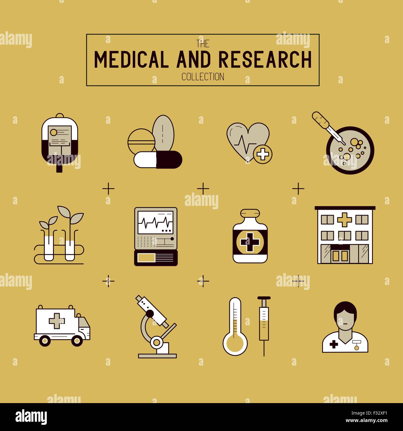 Médecine et Recherche Icon Set. Une collection d'icônes médicale y compris l'or, de l'équipement, les gens et les outils médicaux. Illustration de Vecteur