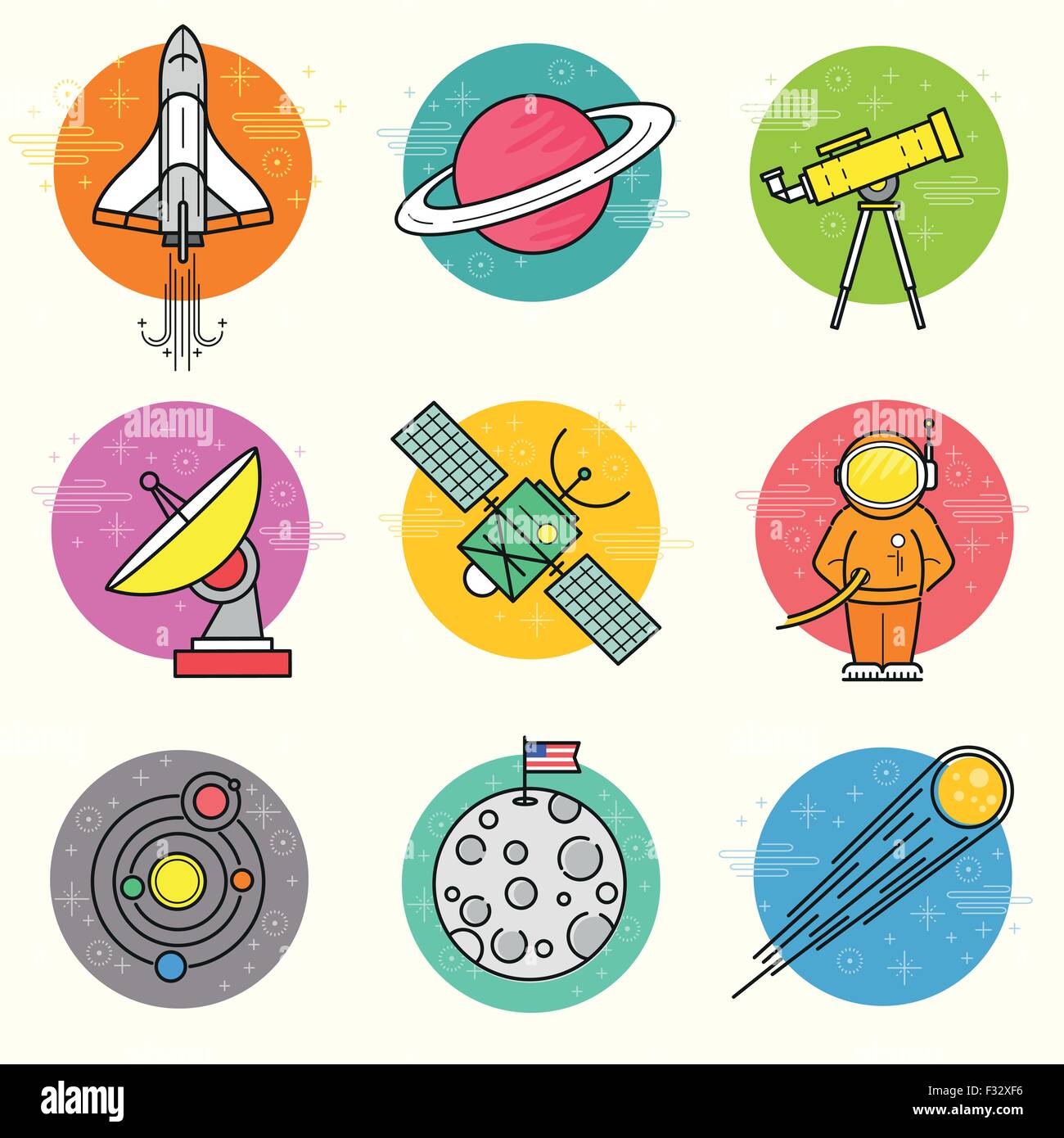 L'astronomie Vector Icon Set. Une collection d'icônes de ligne sur le thème de l'espace y compris une planète, rocket, spaceman et système solaire. Illustration de Vecteur