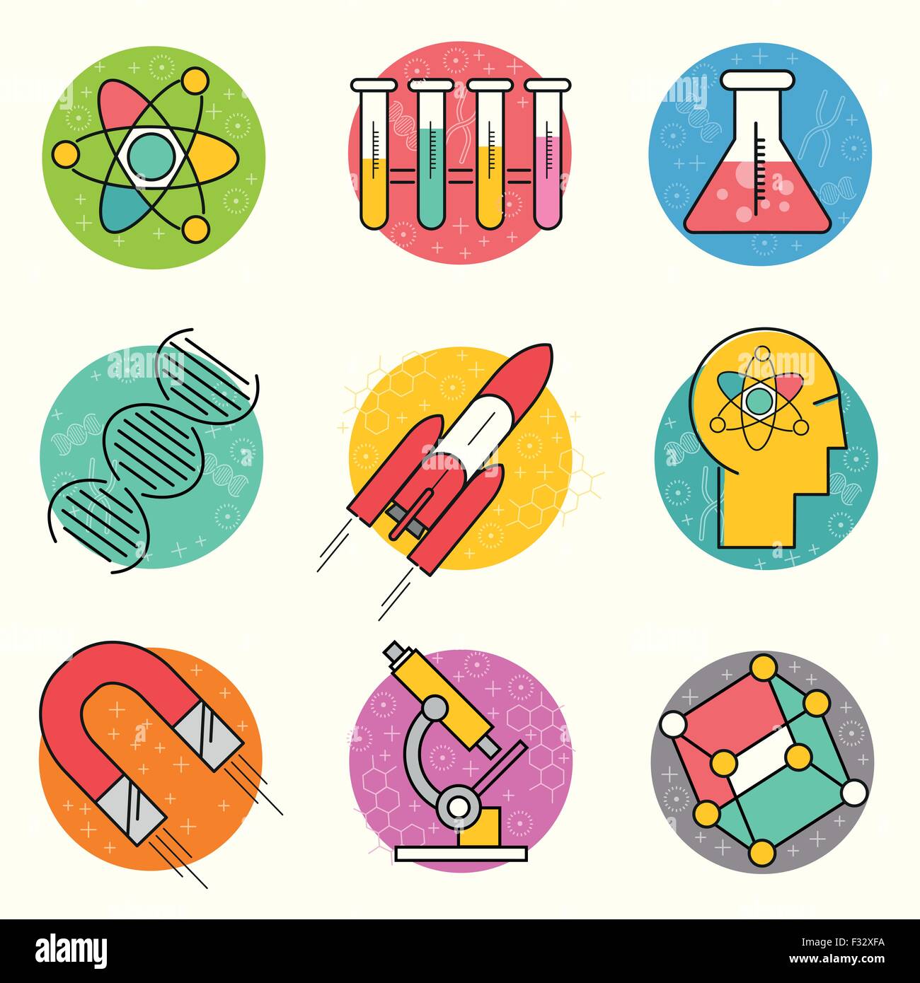 Vecteur des sciences Icon Set. Une collection d'icônes sur le thème de la science or line dont un atome, symboles de la chimie et de l'équipement. Illustration de Vecteur