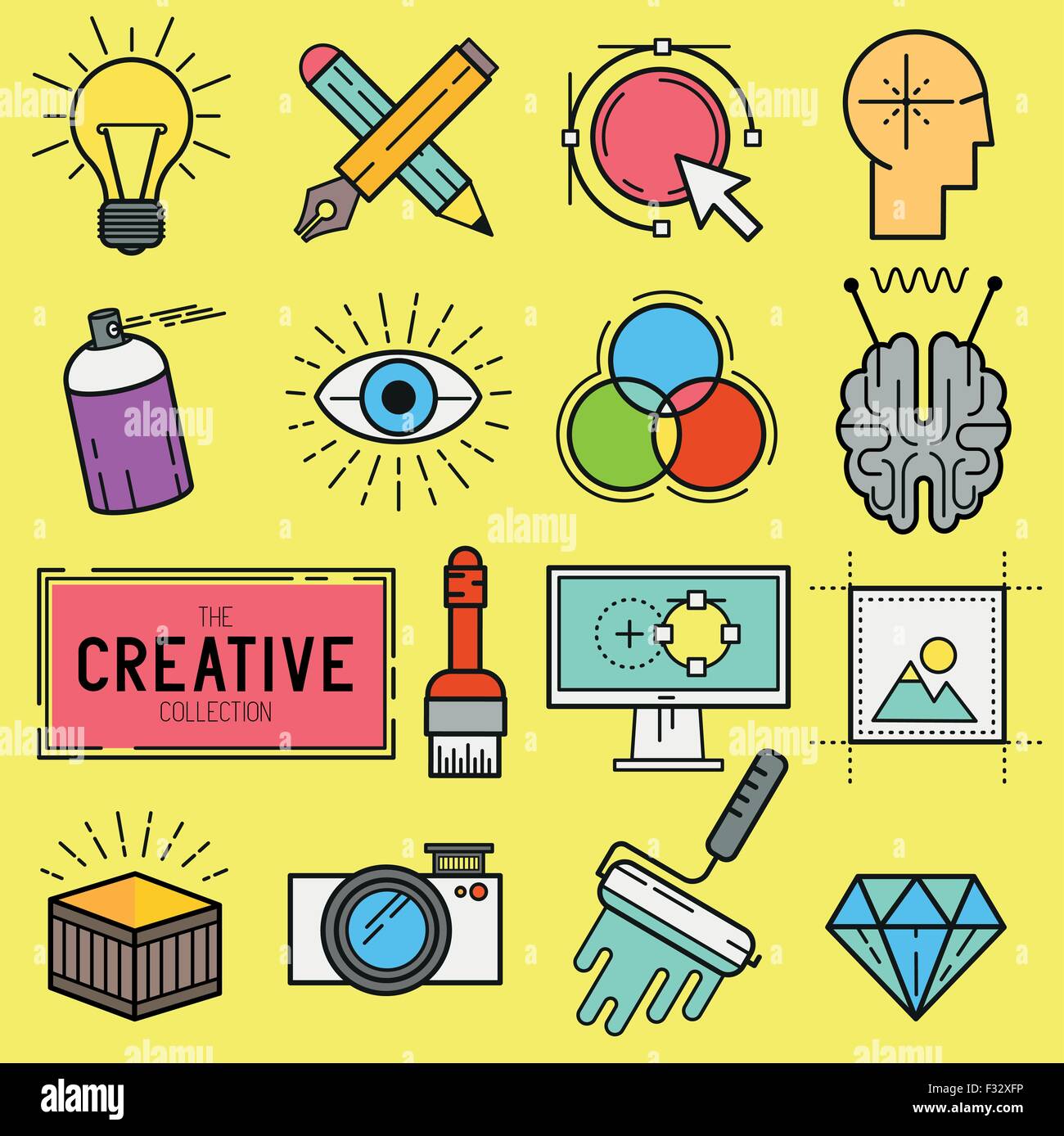 Creative Vector Icon Set. Une collection d'icônes sur le thème de la conception des outils en ligne y compris l'art, la conception numérique et la production créative. Illustration de Vecteur