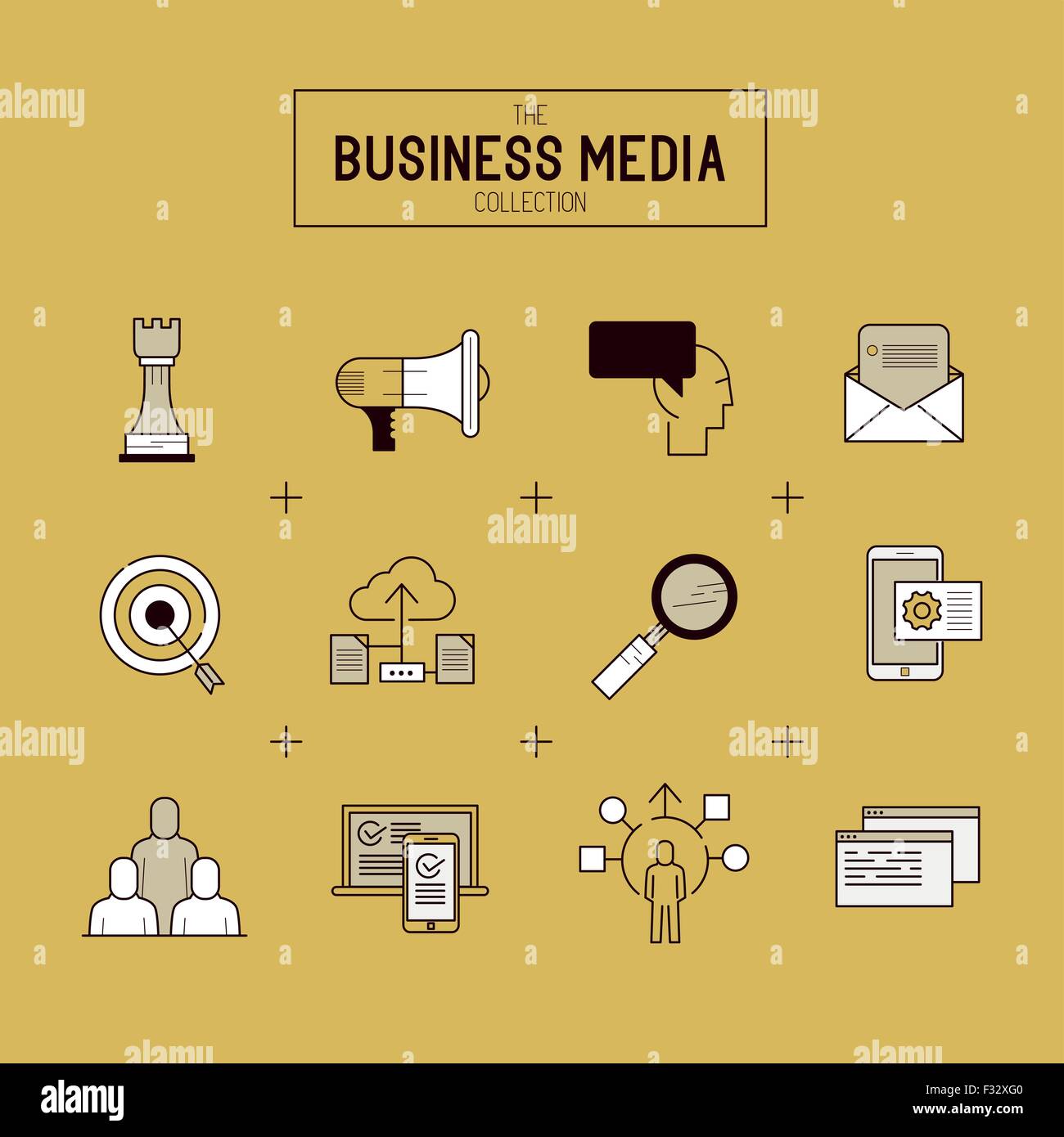 Vecteur de business Icon Set. Une collection d'icônes de ligne sur le thème de l'or, y compris les outils, de la technologie et de la production. Illustration de Vecteur