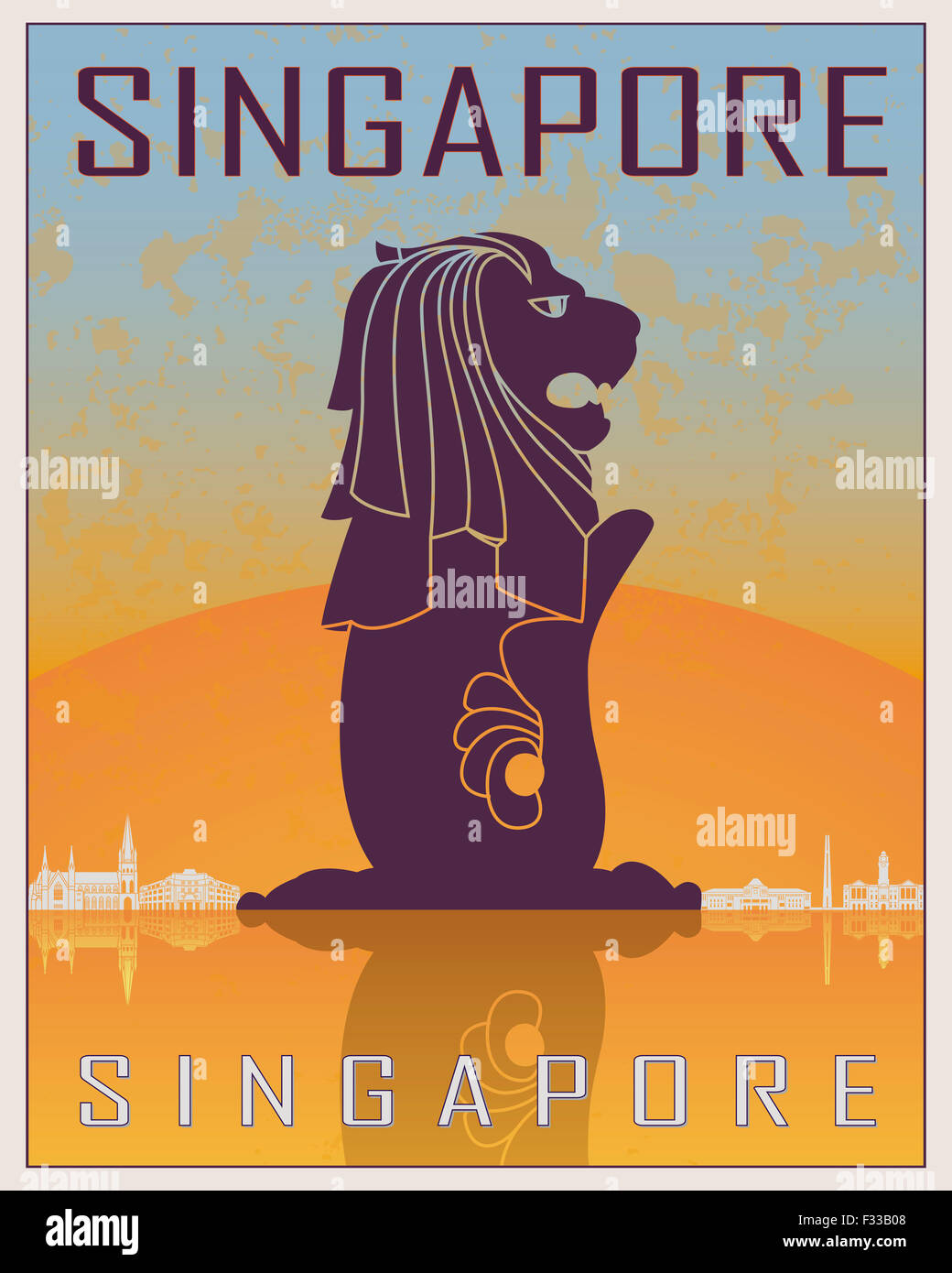 Singapour affiche en orange et blanc fond bleu avec skyiline dans fichier vectoriel éditable Banque D'Images