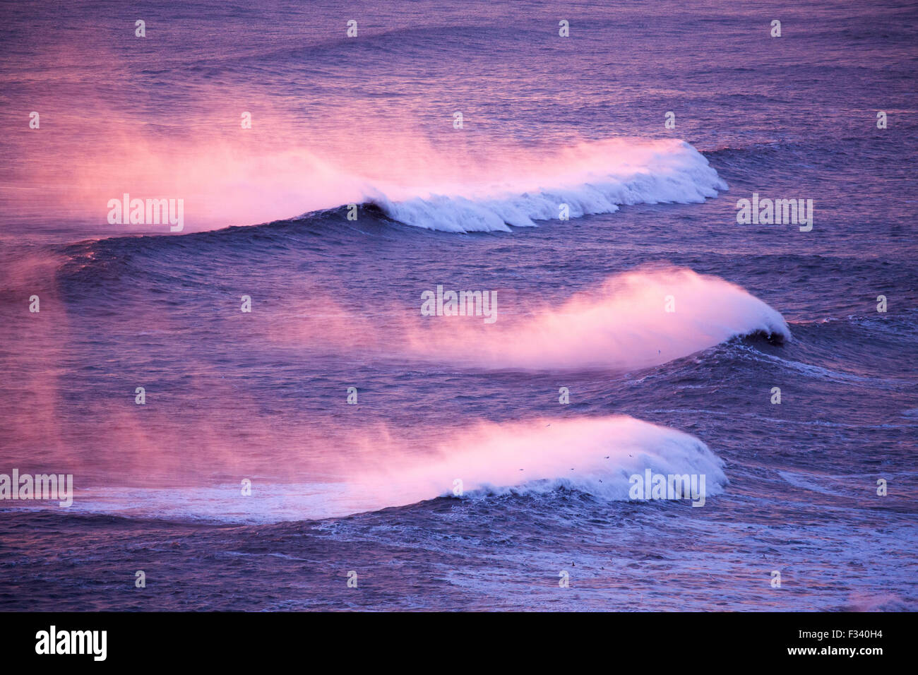 Vagues se brisant sur la plage à l'ouest de Dyrhólaey au crépuscule, l'Islande Banque D'Images Vagues se brisant sur la plage à l'ouest de Dyrhólaey au crépuscule, l'Islande Banque D'Images