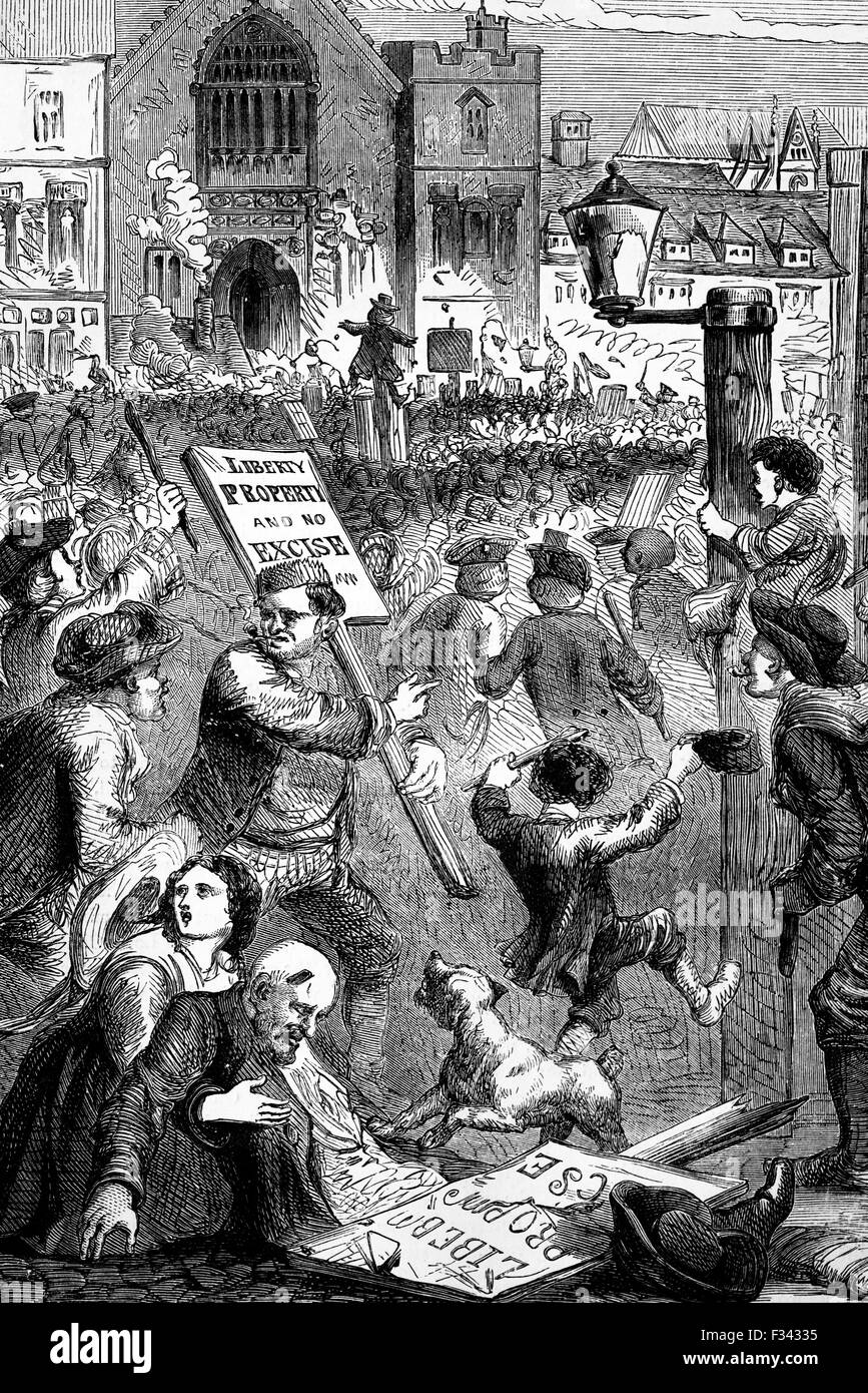 Sir Robert Walpole, le Premier ministre britannique a proposé un régime d'accise '' de 1733, pour un système de stockage pour le tabac et le vin. C'est impopulaire et à l'instigation des assemblées dans la débauche à l'extérieur du Parlement. Banque D'Images