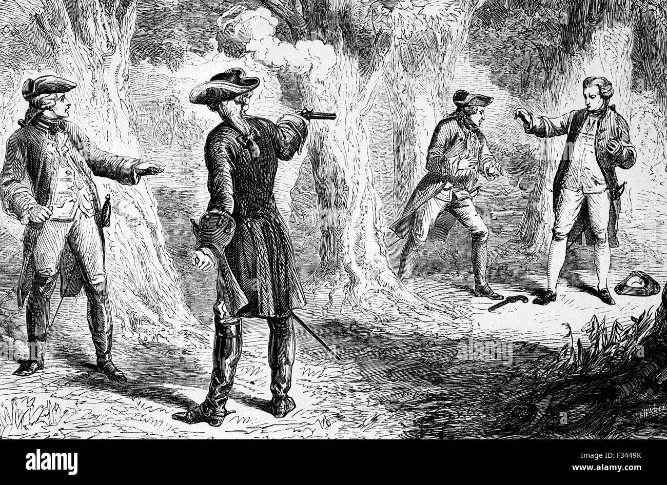 Un duel avec pistolets entre Samuel Martin, homme politique et John Wilkes un autre politicien radical a eu lieu dans la région de Hyde Park le 16 novembre 1763. John Wilkes a été gravement blessé, s'enfuit à Paris et a été déclaré hors-la-loi. Banque D'Images