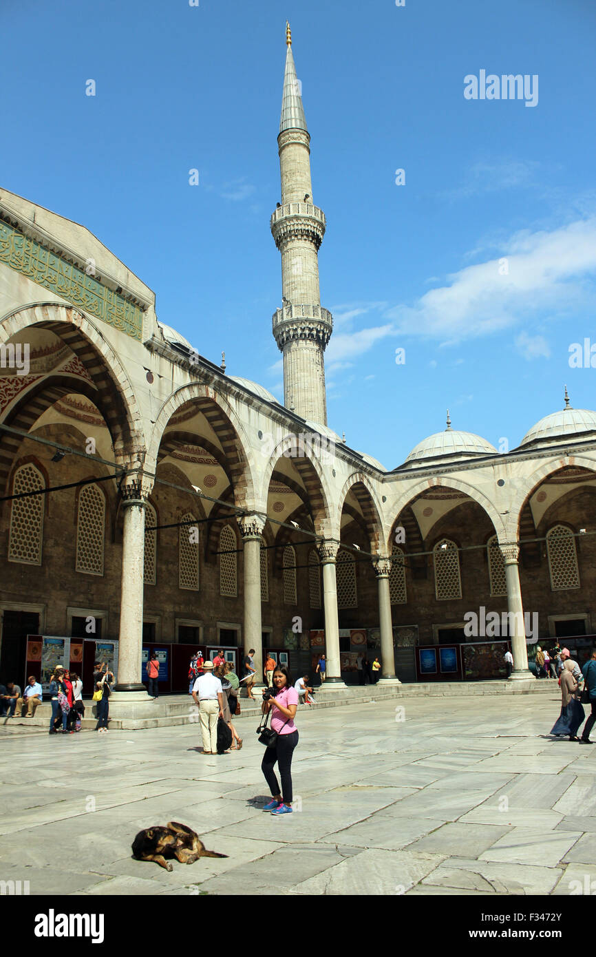 Istanbul, Turquie - 13 septembre 2015 : un groupe de touristes dans la cour de la Mosquée Bleue, Istanbul, Turquie. Banque D'Images