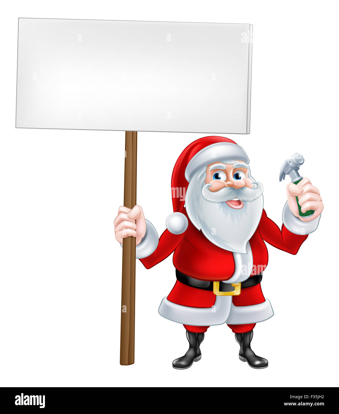 Un dessin animé de Noël illustration de Santa Claus holding sign et marteau Banque D'Images