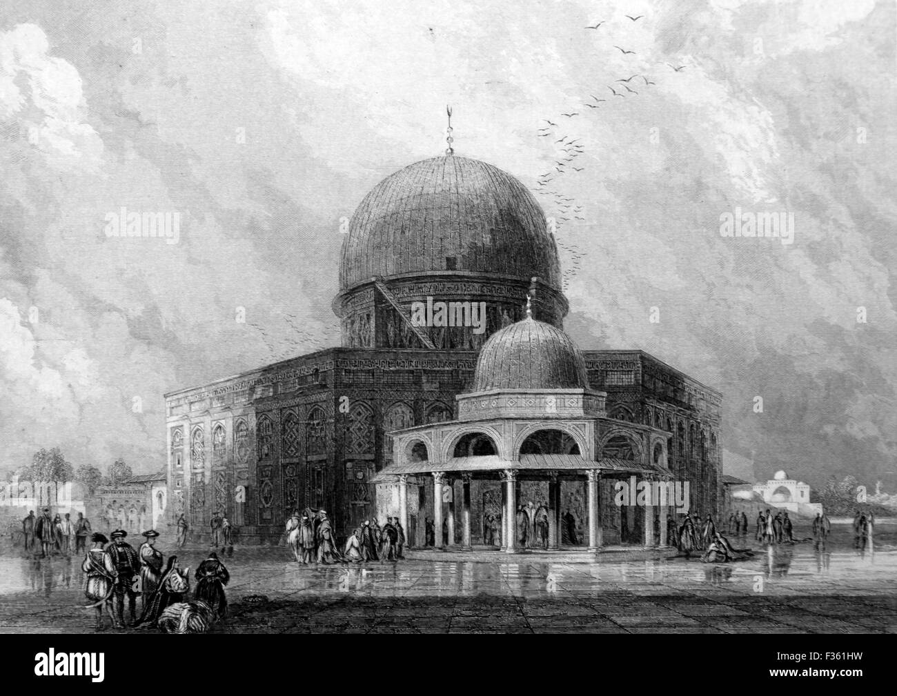 La mosquée d'Omar sur le mont Meriah où le Temple de Salomon était l'illustration noir et blanc de paysages de la Bible Banque D'Images
