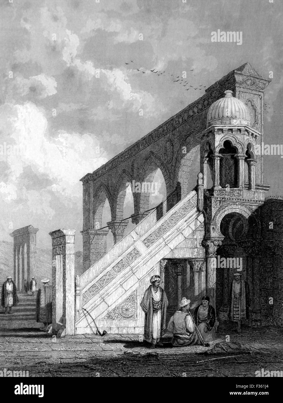 Jérusalem, 19e siècle ; chaire sur la plate-forme. Mosquée d'Omar ; noir et blanc Illustrations de paysages de la Bible Banque D'Images