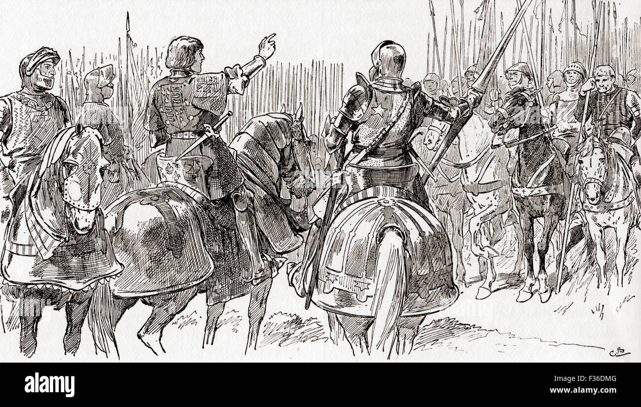 Une scène de William Shakespeare Le Roi Richard III, Acte V, scène 2. Richmond : 'Fellows dans les bras, et mes plus affectueux amis, bruis'd sous le joug de la tyrannie". Illustration par Gordon Browne. Banque D'Images