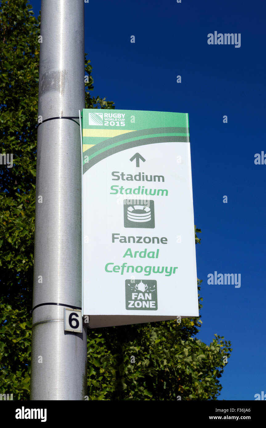 Plaque de rue pour la Coupe du Monde de Rugby 2015 sites de tournoi, Cardiff, Pays de Galles, Royaume-Uni. Banque D'Images