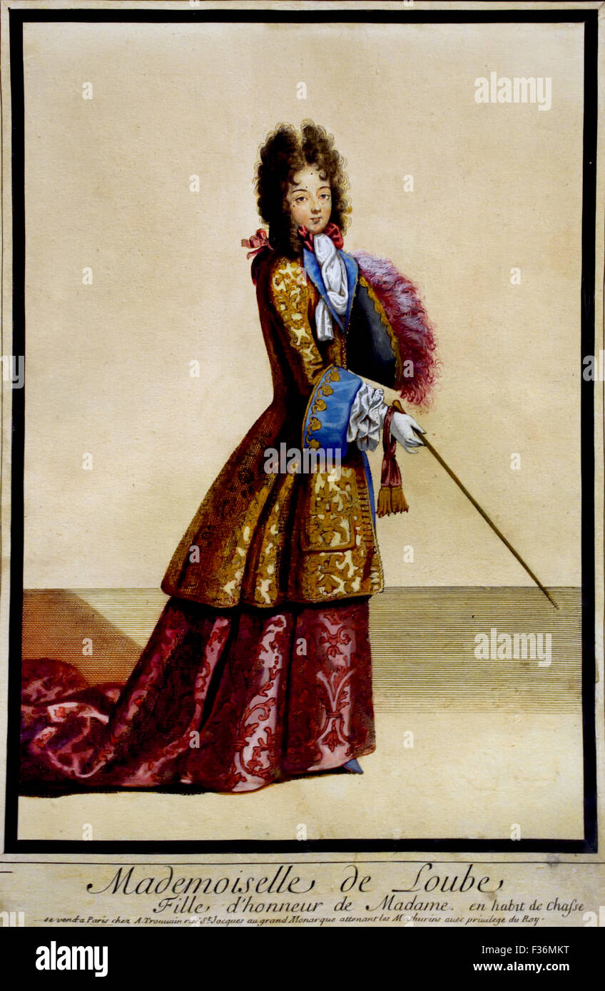 Mademoiselle de Loube dans un habit de chasse 1692 Antoine Trouvain gravure 1656-1708 etch français Paris Banque D'Images