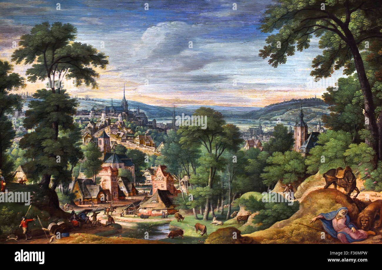 Paysage panoramique avec le Saint Homme de Juda 1588 Hans Bol 1534 - 1593 Pays-Bas Néerlandais Banque D'Images