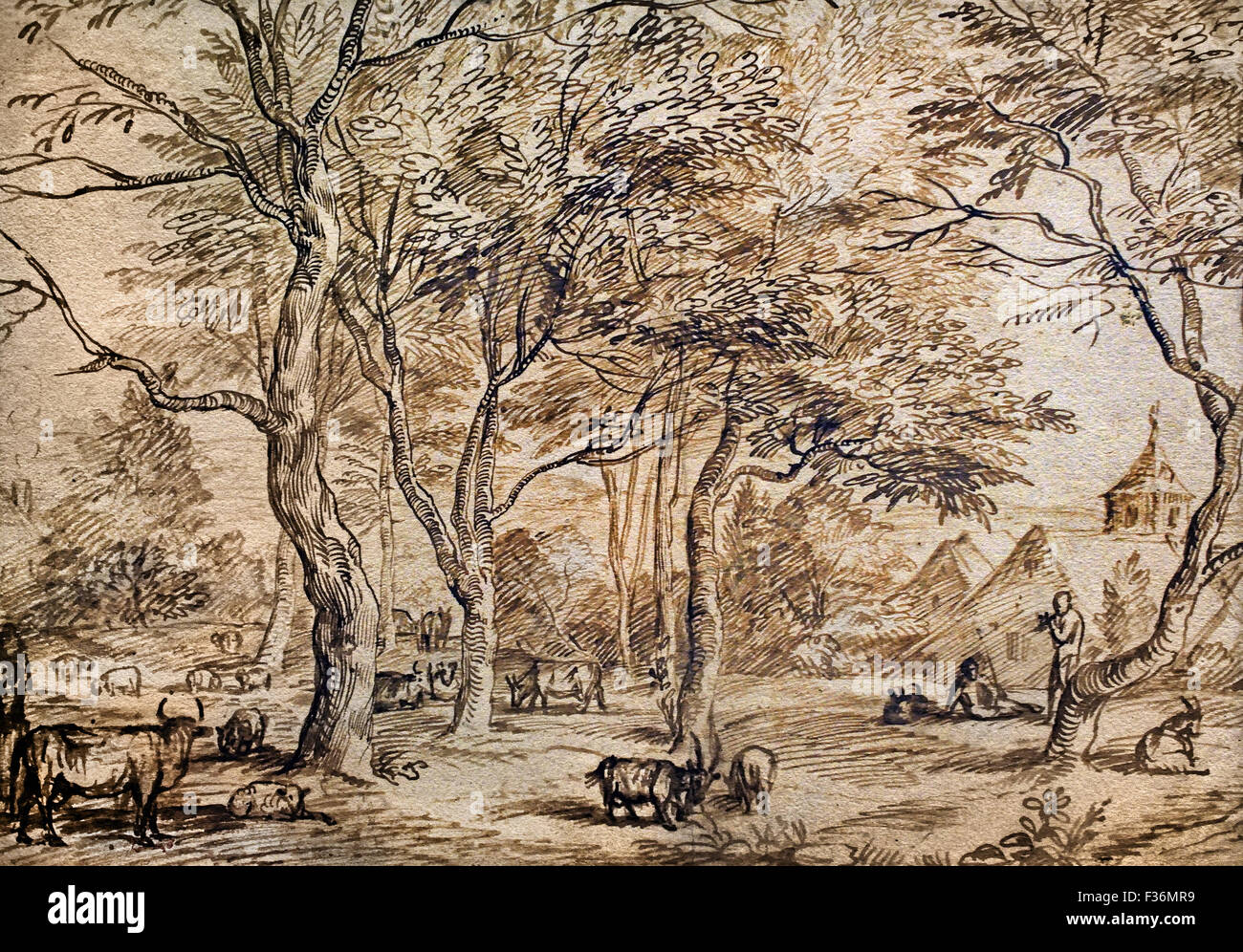 Paysage avec Bergers et troupeaux un Village 1674 Jan Lievens 1607 - 1674 dessin Néerlandais Pays-Bas Banque D'Images