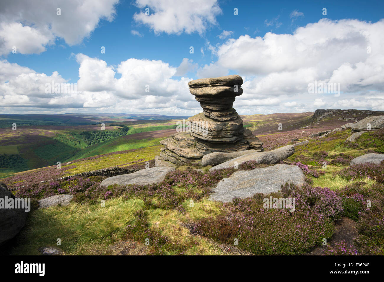 Le grenier à sel Rock Formation sur le bord de la Derwent en été avec Heather, parc national de Peak District, Derbyshire, Angleterre, Banque D'Images