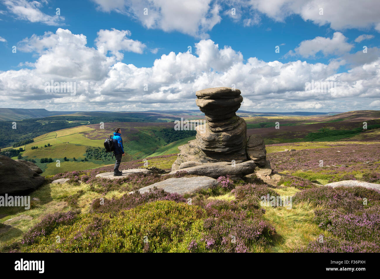 Une marchette au grenier à sel Rock Formation sur le bord de la Derwent en été avec Heather, parc national de Peak District, Derbyshire, Banque D'Images