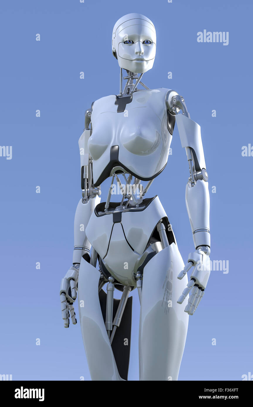 Robot humanoïde femelle. À la recherche en distance. Banque D'Images