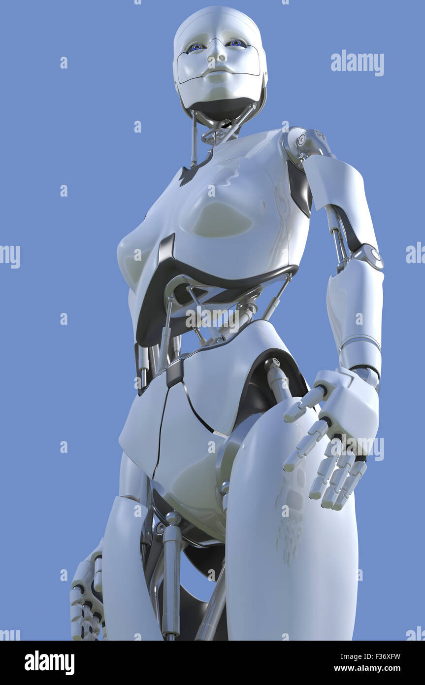 Robot humanoïde femelle. À la recherche en distance. Banque D'Images