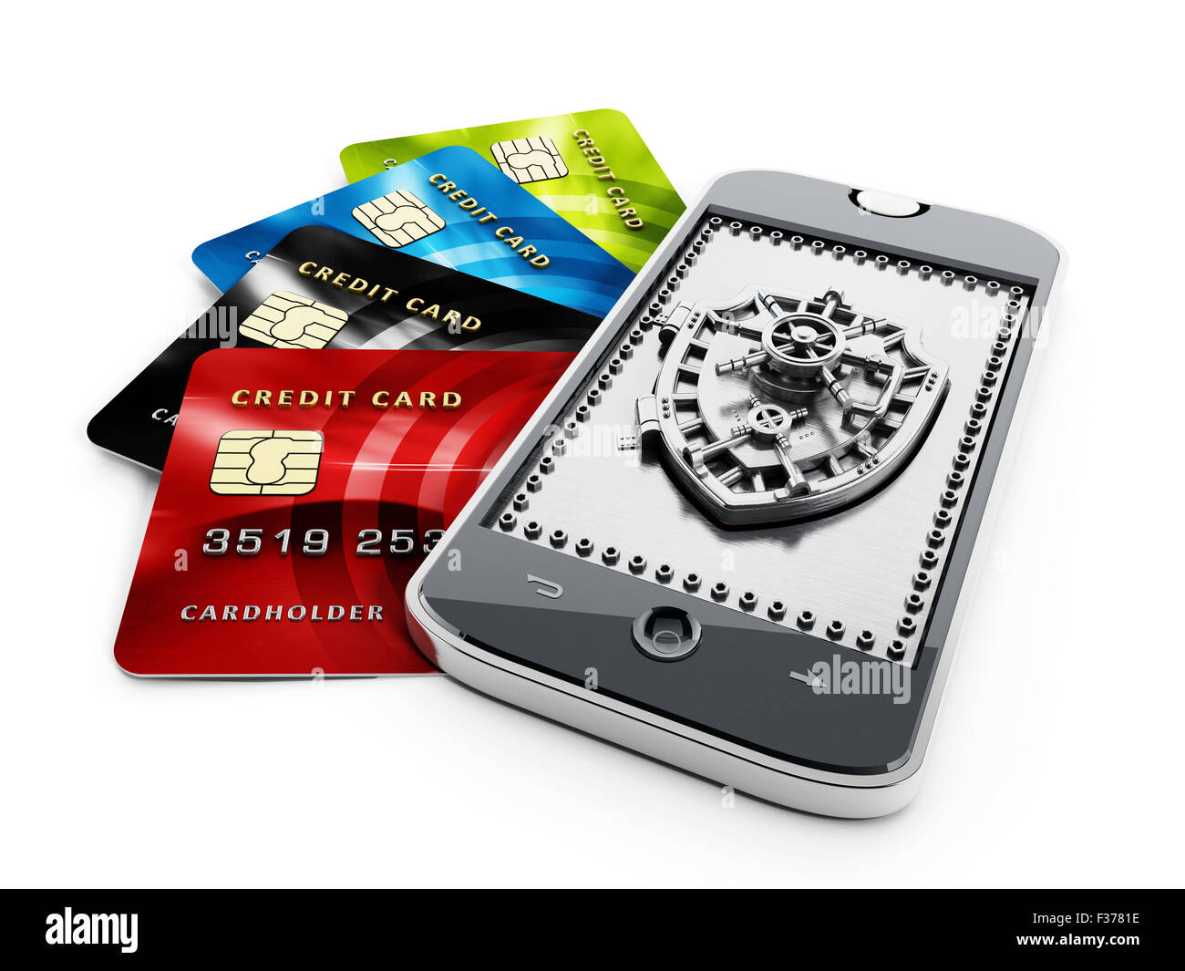 Les cartes de crédit et porte voûtée en forme de bouclier sur smartphone. Banque D'Images
