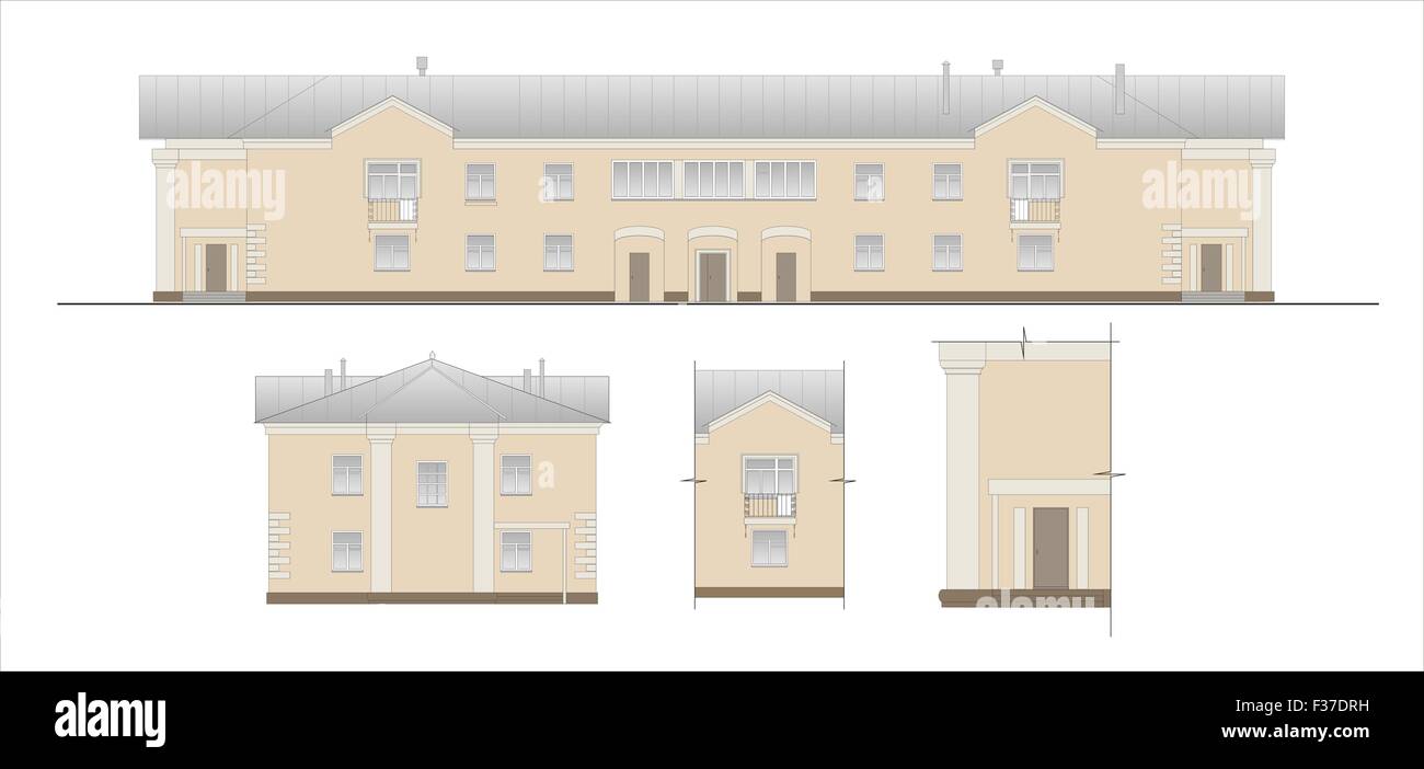 Maisons, bâtiments, constructions, installations. Illustrations de bâtiments et maisons des lieux urbains, des dessins de maisons classic Banque D'Images