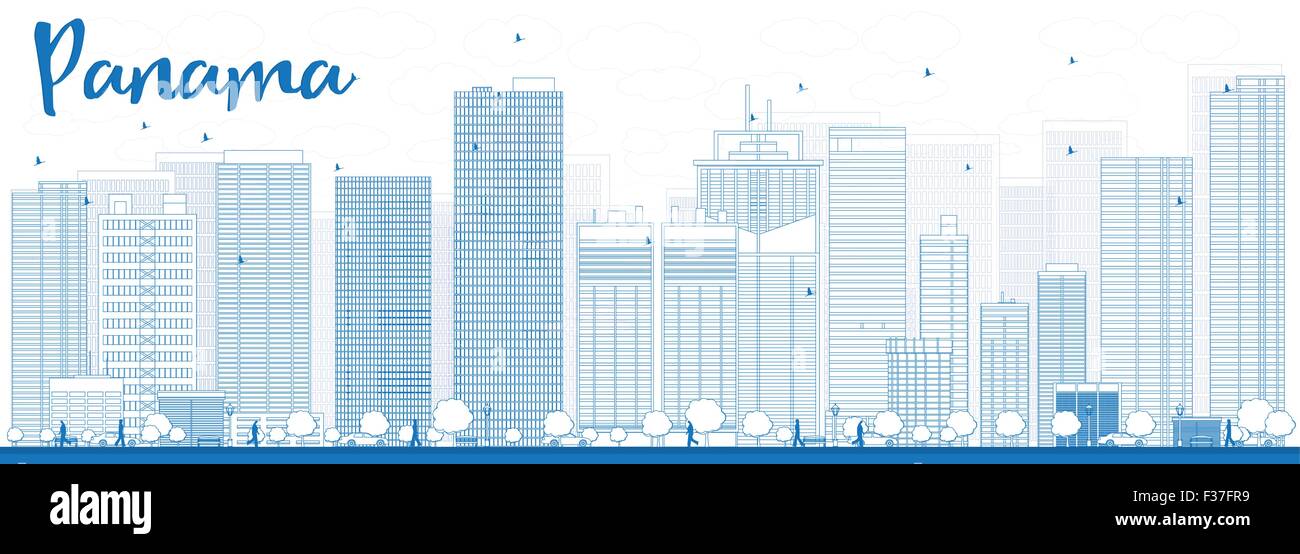 Contours Panama City skyline bleu avec des gratte-ciel. Vector Illustration Illustration de Vecteur