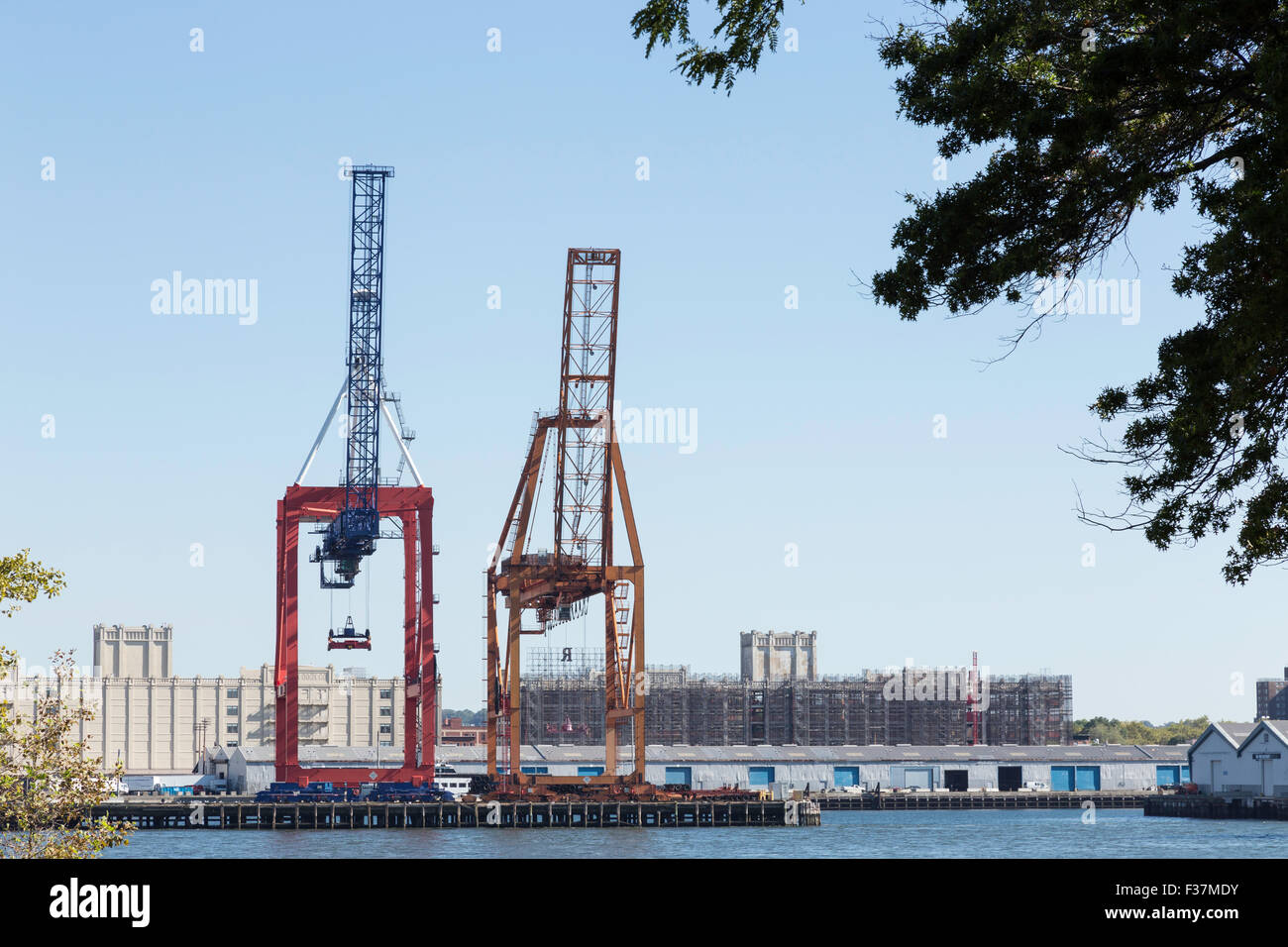 Les grues de chargement, transport en conteneurs Lane, le babeurre Channel, Brooklyn, NYC Banque D'Images