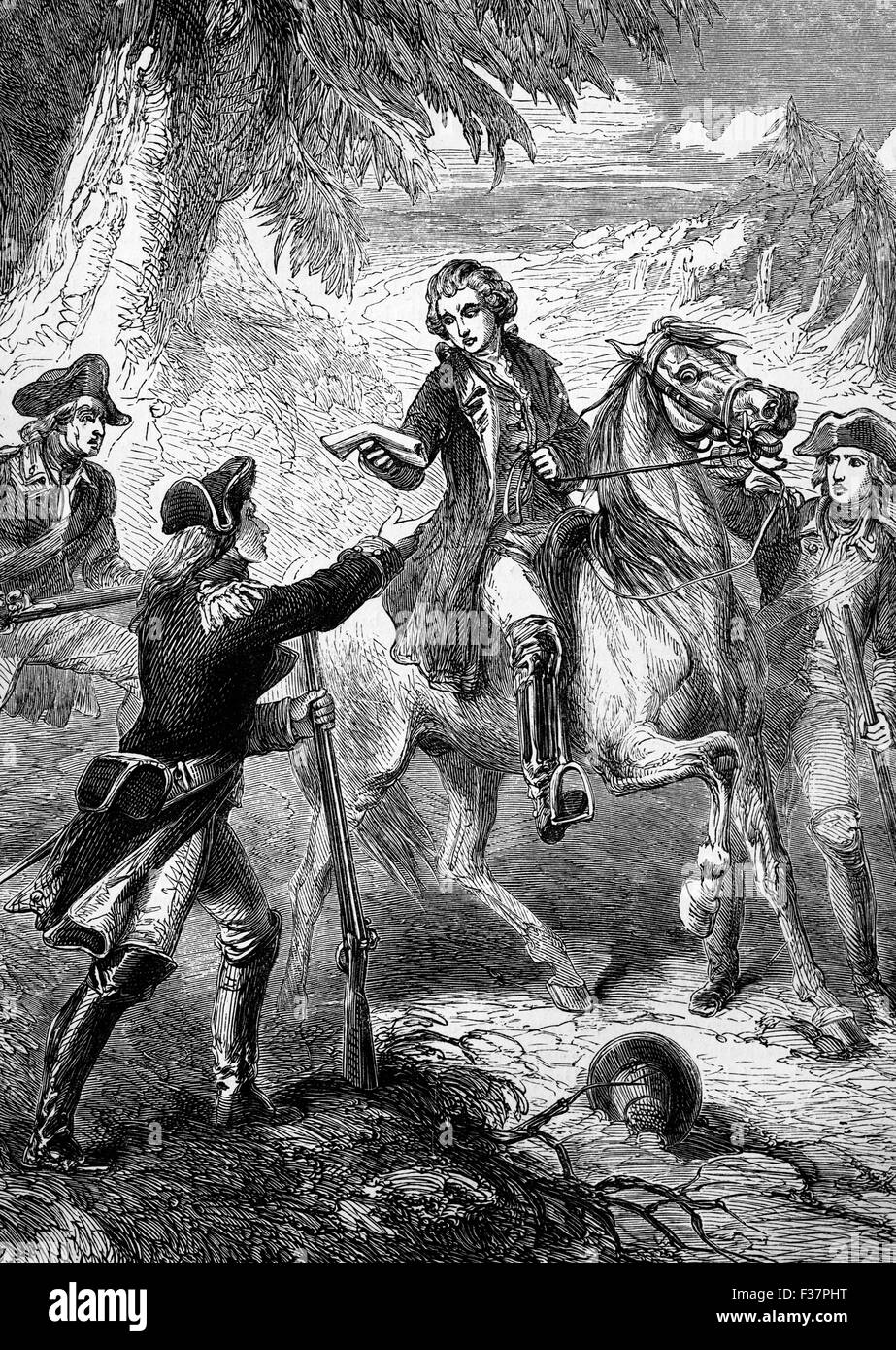 L'arrestation le 23 septembre, 1780, du Major John André, un officier de l'armée britannique pendu comme espion pendant la guerre d'Indépendance américaine en raison d'un incident dans lequel il a tenté d'aider la tentative de reddition du fort à West Point, New York pour les Britanniques. Banque D'Images