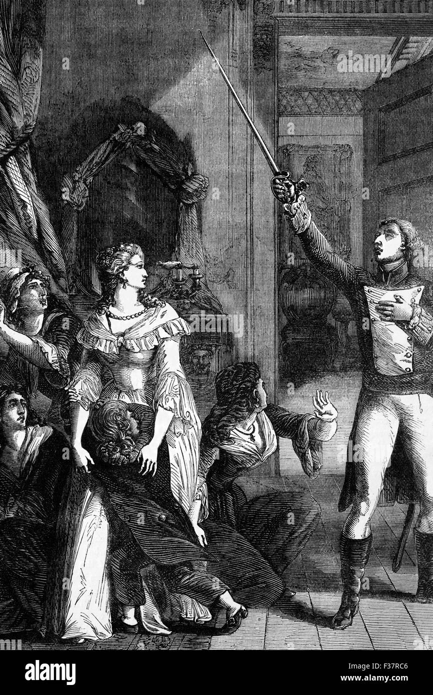 À la suite de la Marche des femmes sur Versailles le 5 octobre 1789, la foule a éclaté dans le palais. Marquis de Lafayette, un général de la guerre d'Indépendance américaine et un chef de la Garde nationale pendant la Révolution française, a contribué à préserver la vie de Marie-Antoinette. Banque D'Images