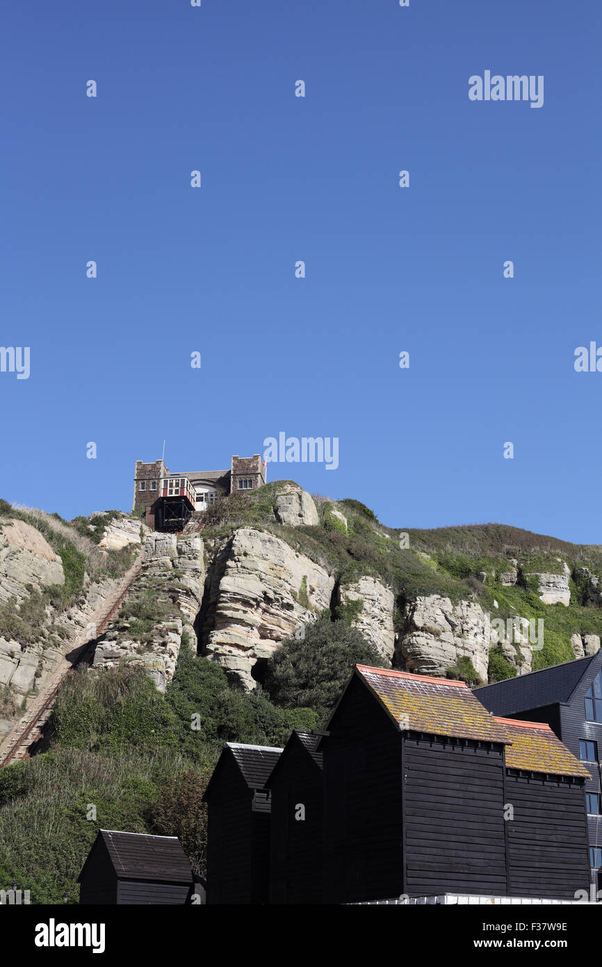 East Hill Cliff Railway vu de rock-A-Nore, Hastings, East Sussex, UK Banque D'Images