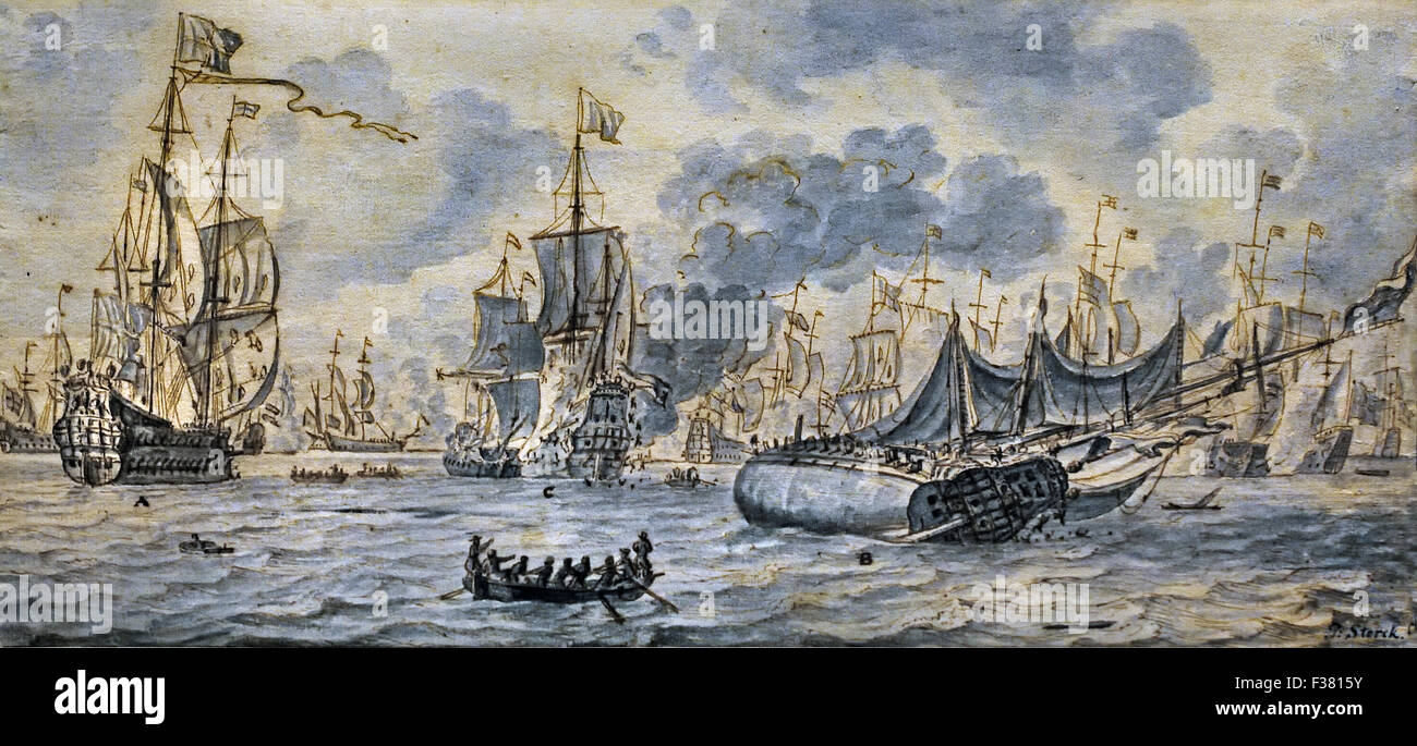 Vue mer avec un navire de guerre anglais 1679 Ludolf Bakhuizen - 1630 - 1708 , l'allemand, le néerlandais, les Pays-Bas peintre, dessinateur, un calligraphe, il a été le premier peintre de sujets maritimes. Banque D'Images