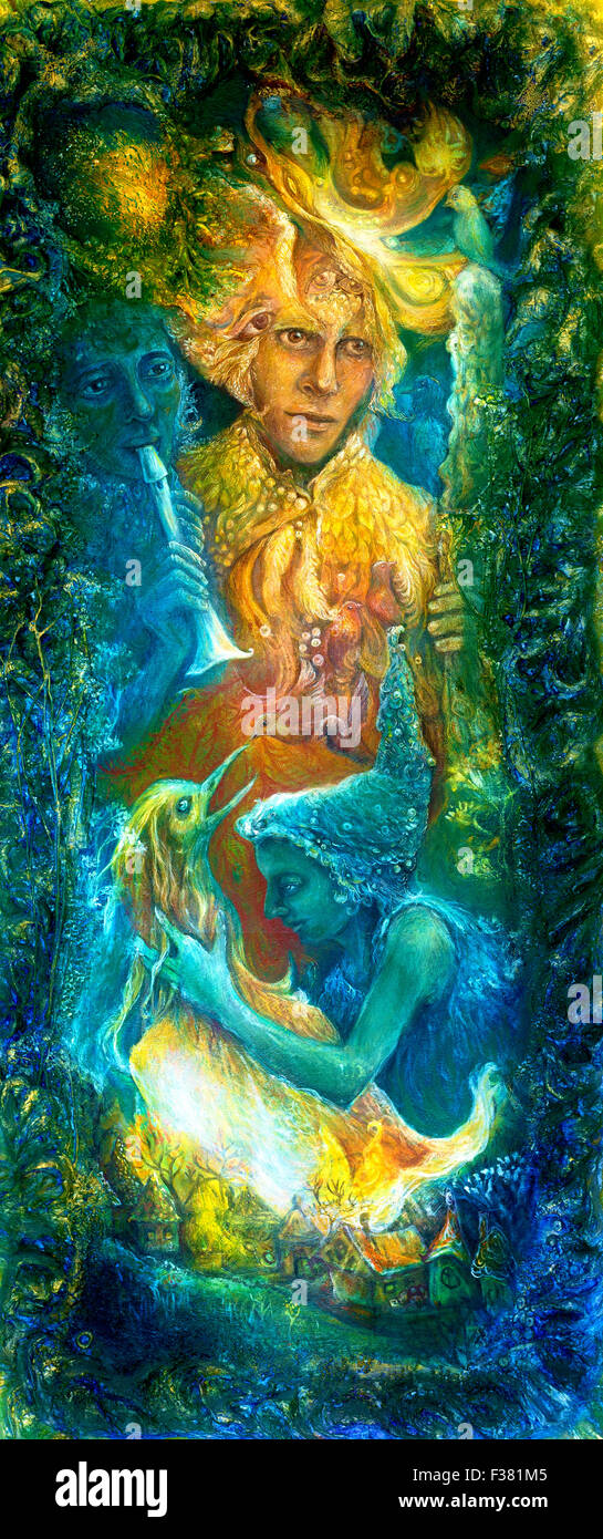 Golden Sun dieu et déesse de l'eau bleu, fantaisie imagination peinture  haute en couleur détaillées, avec les oiseaux et la musique de flûte Photo  Stock - Alamy