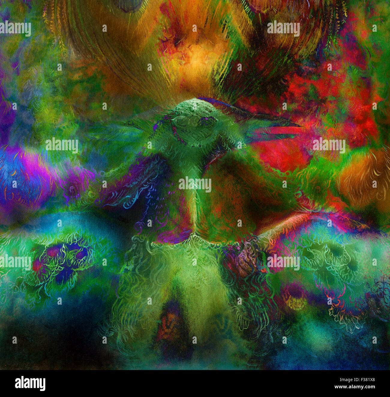 Le vert émeraude des fées phoenix bird, ornement coloré fantasy peinture, collage. Banque D'Images