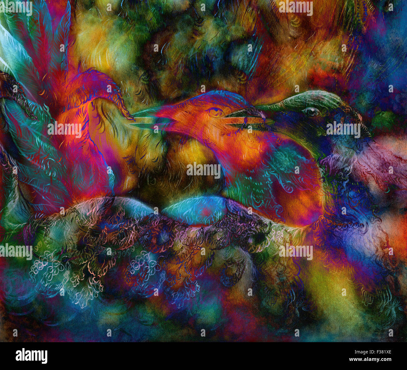 Le vert émeraude des fées phoenix bird, ornement coloré fantasy peinture, collage. Banque D'Images