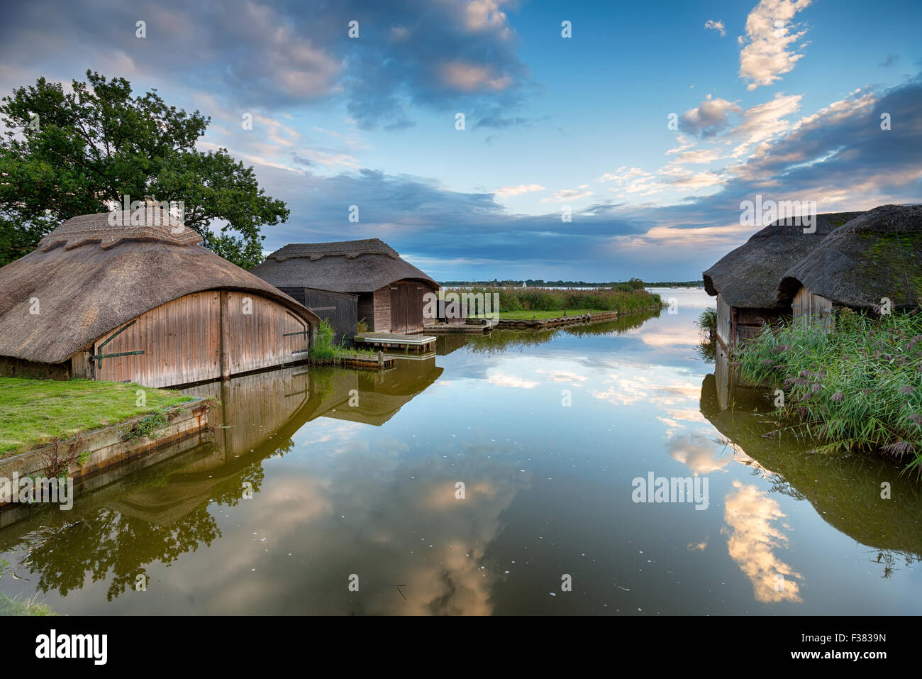 Belles maisons bateau flottant sur chaume Hickling large dans les Norfolk Broads Banque D'Images