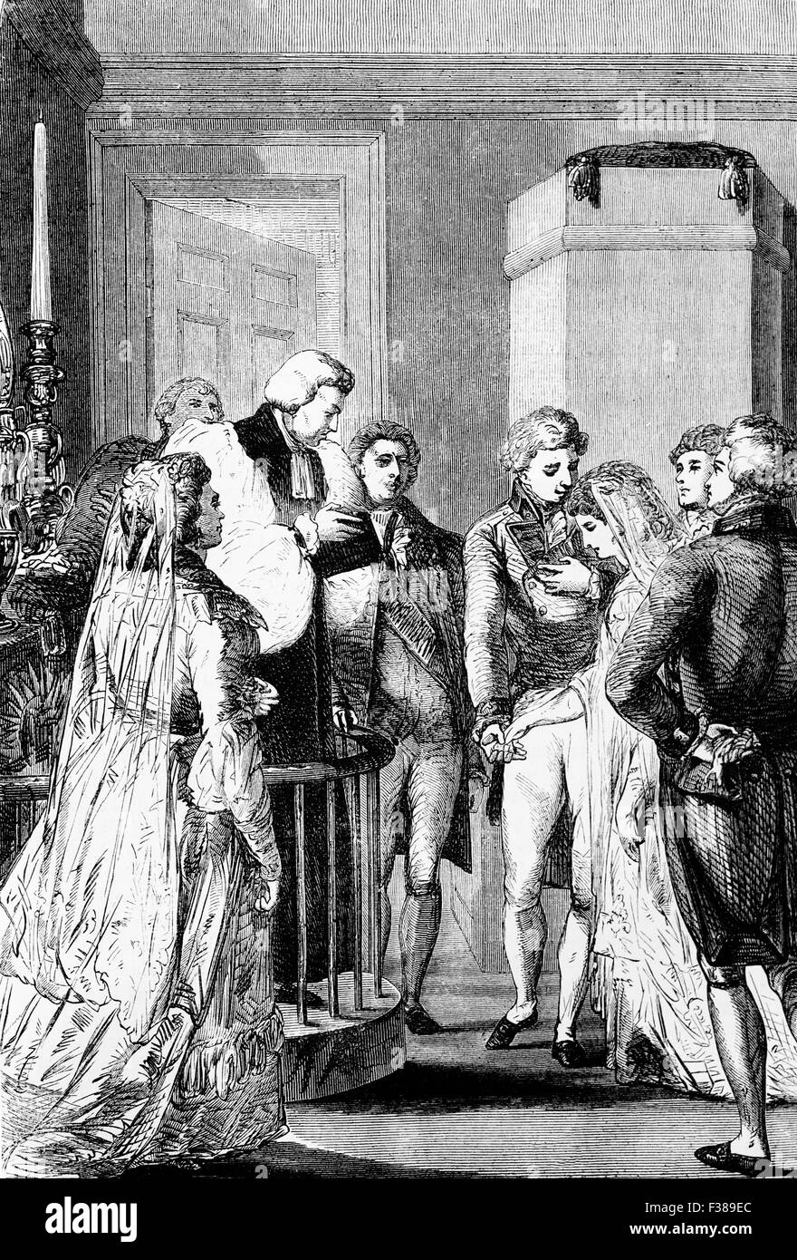 Le mariage au palais de Buckingham le 23 novembre 1791, du prince Frederick, duc d'York, second fils de George III à la Princesse Frederica Charlotte de Prusse. Banque D'Images
